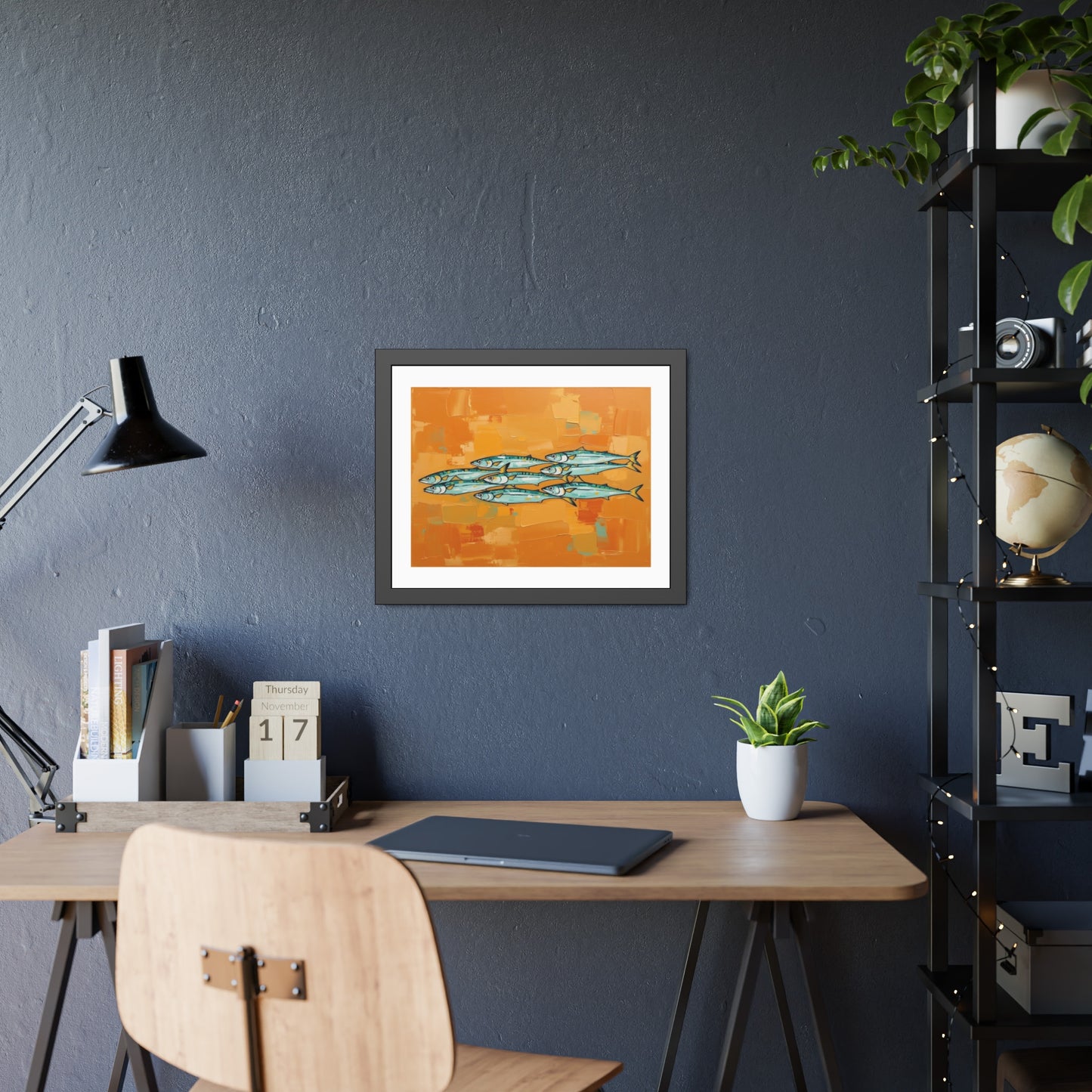 Framed Fish Art Print — School of Mackerel on Orange Abstract Background