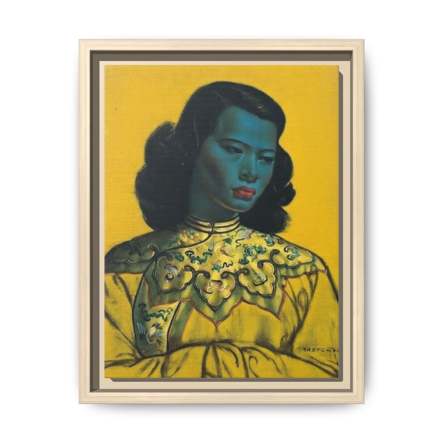 Framed Matte Canvas Art Print — Vintage Portrait with Yellow Background