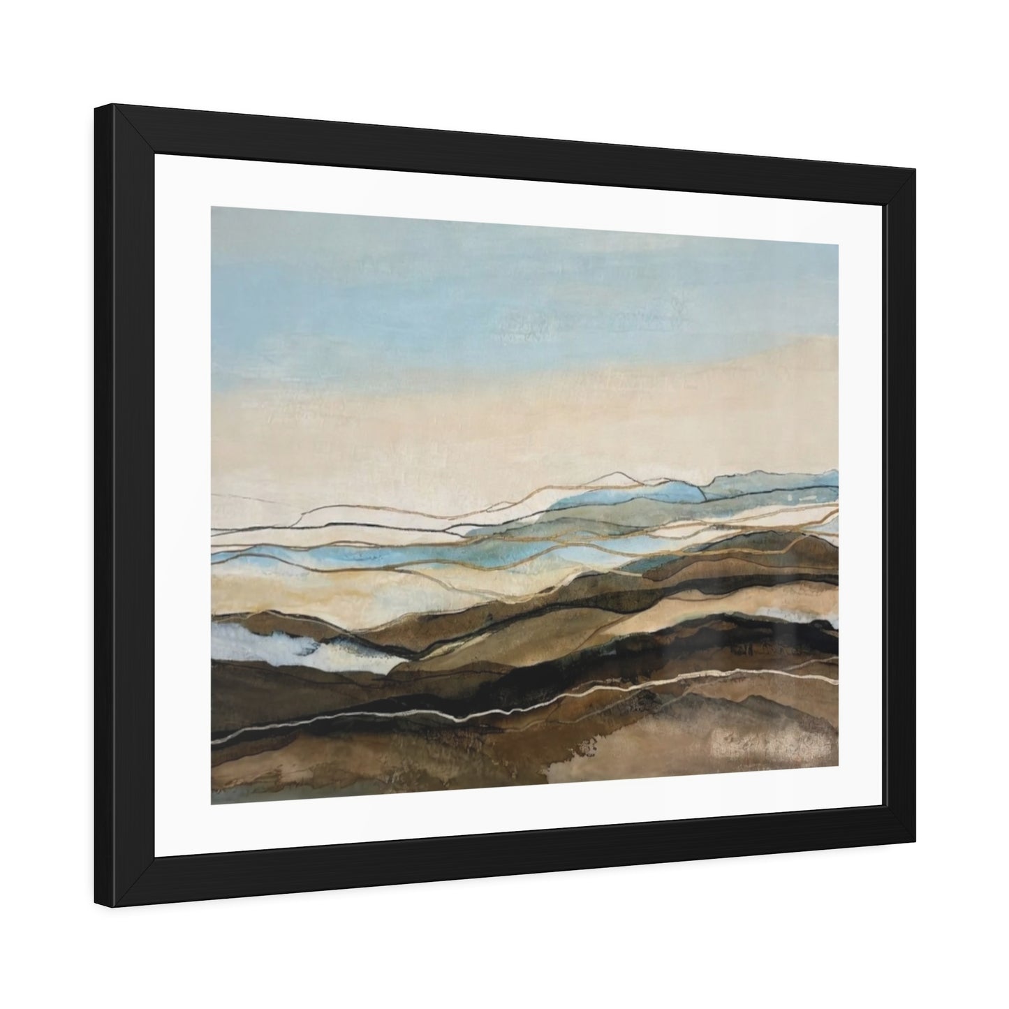 Coastal Abstract Landscape Framed Poster — Serene Blue & Earthtone Wall Art