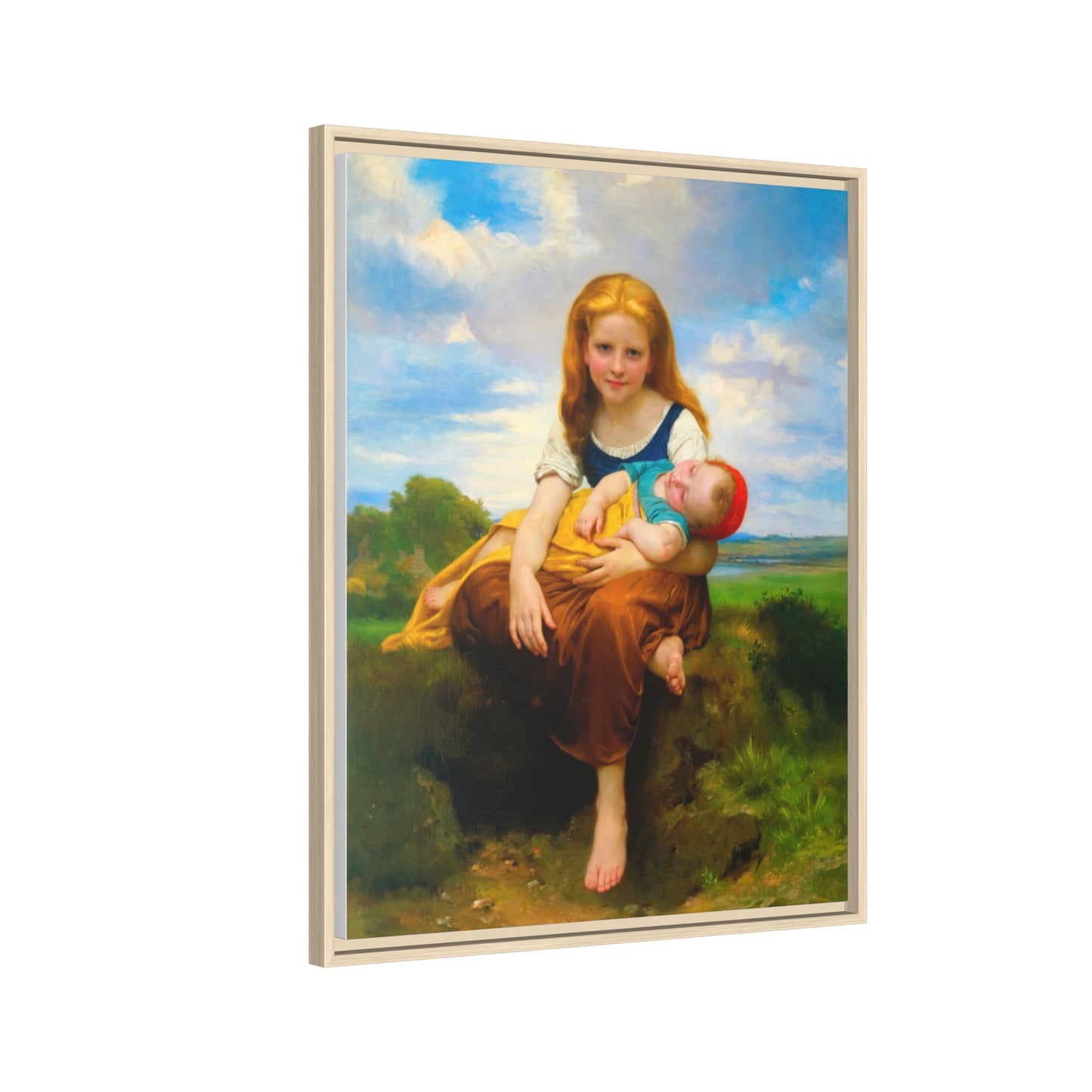 Young Girl Holding Sleeping Baby Canvas Print, Framed Wall Art
