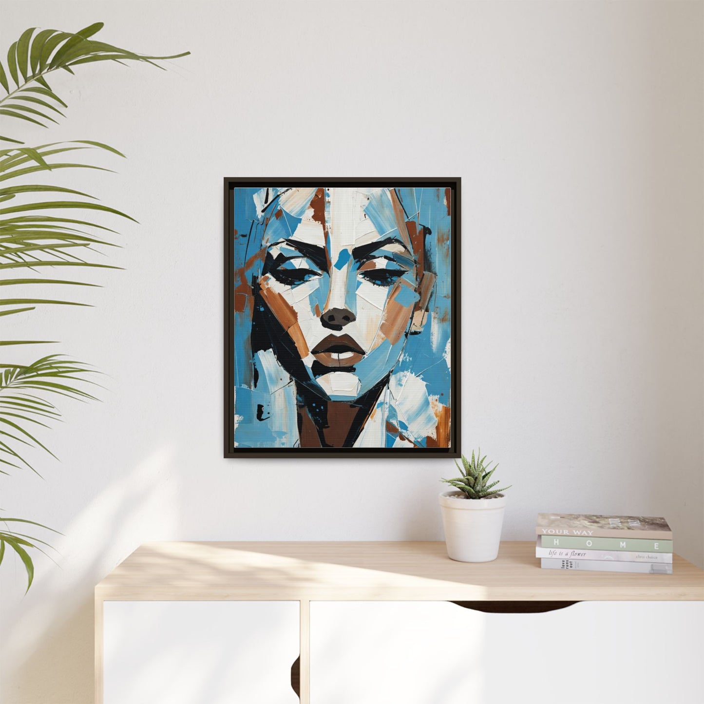 Abstract Blue Face Matte Canvas Wall Art — Framed Modern Portrait Print