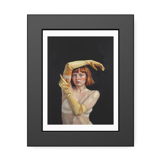 Framed Art Poster — Portrait of Redhead Woman in Yellow Gloves (Gallery Wall Print)