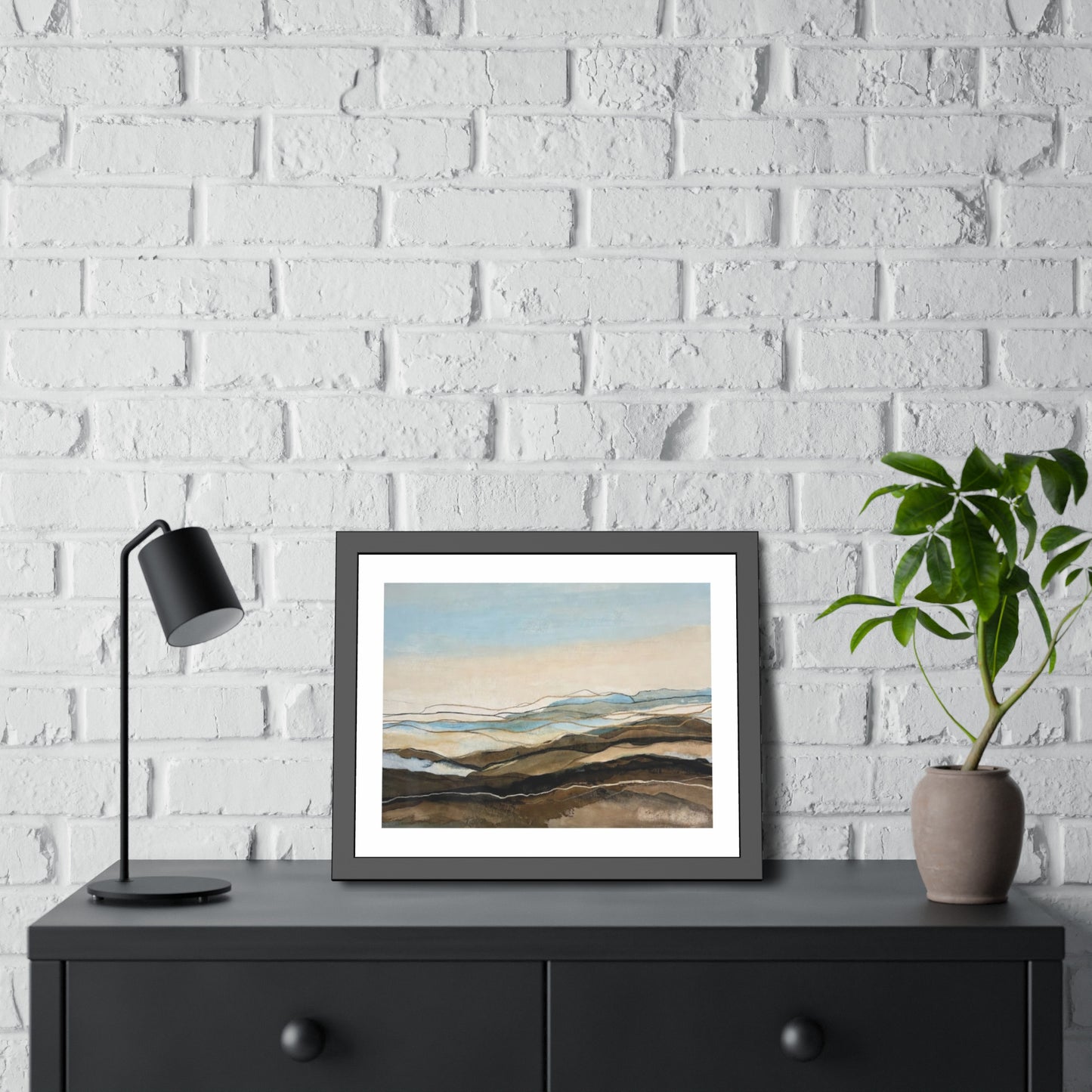 Coastal Abstract Landscape Framed Poster — Serene Blue & Earthtone Wall Art