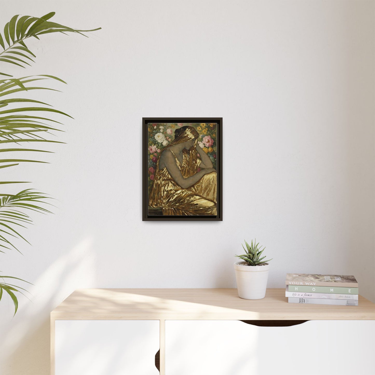 Framed Canvas Art Print — Golden Muse Woman with Floral Background