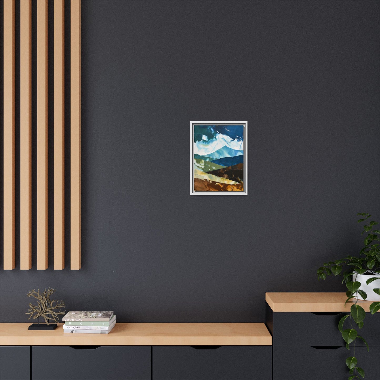 Framed Abstract Mountain Canvas Art — Blue & Earthtone Landscape Print
