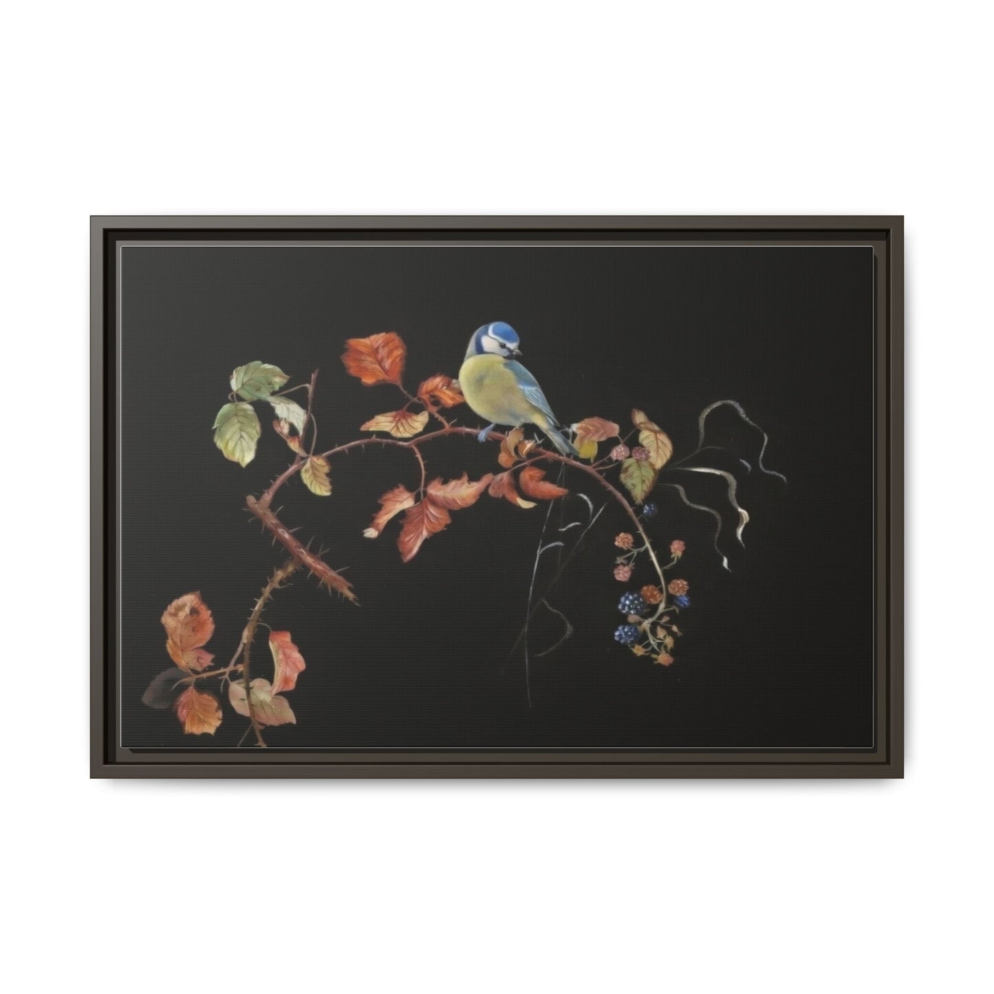 Framed Matte Canvas - Blue Tit on Autumn Branch Wall Art