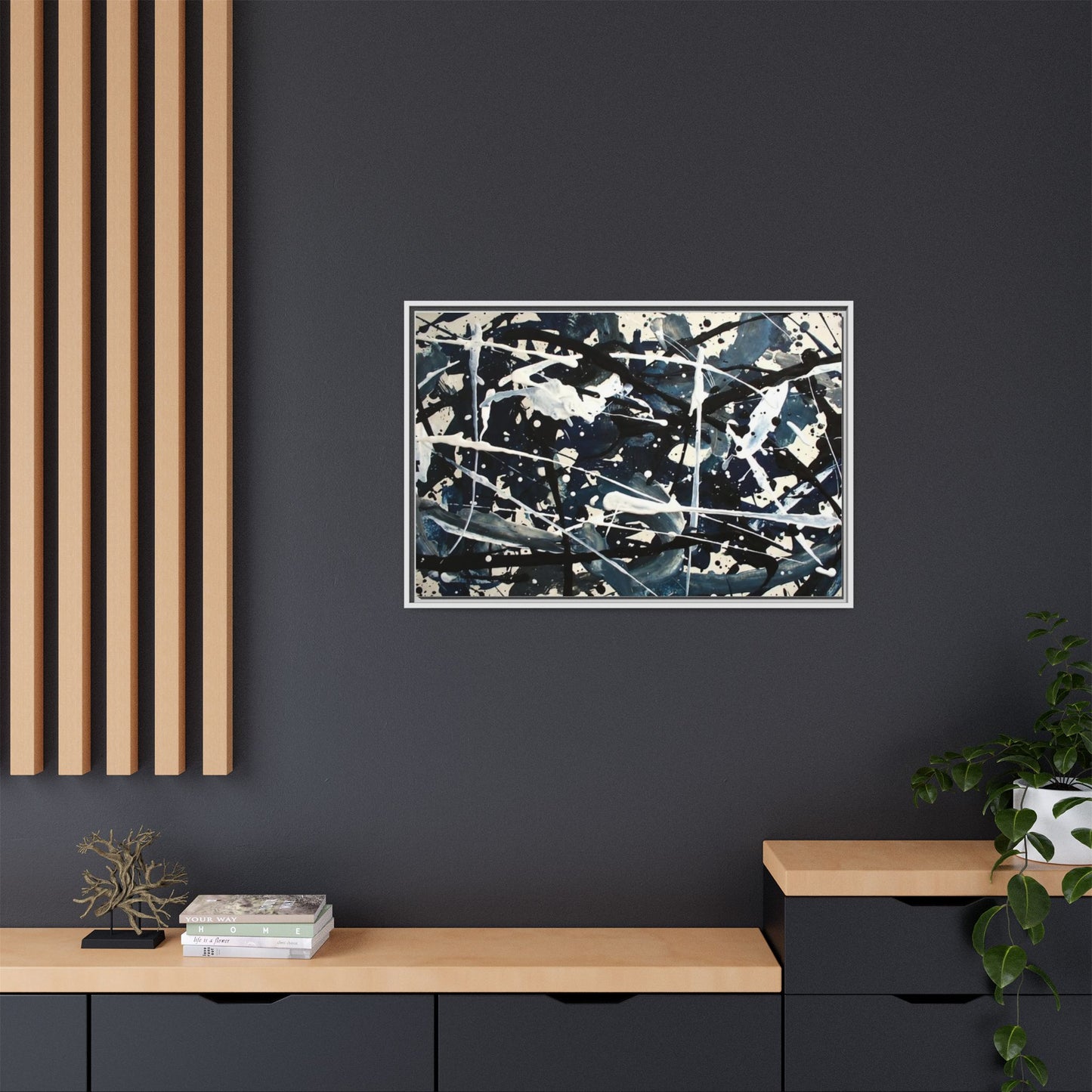 Abstract Splatter Matte Canvas Framed Wall Art — Black & Blue Modern Art Print