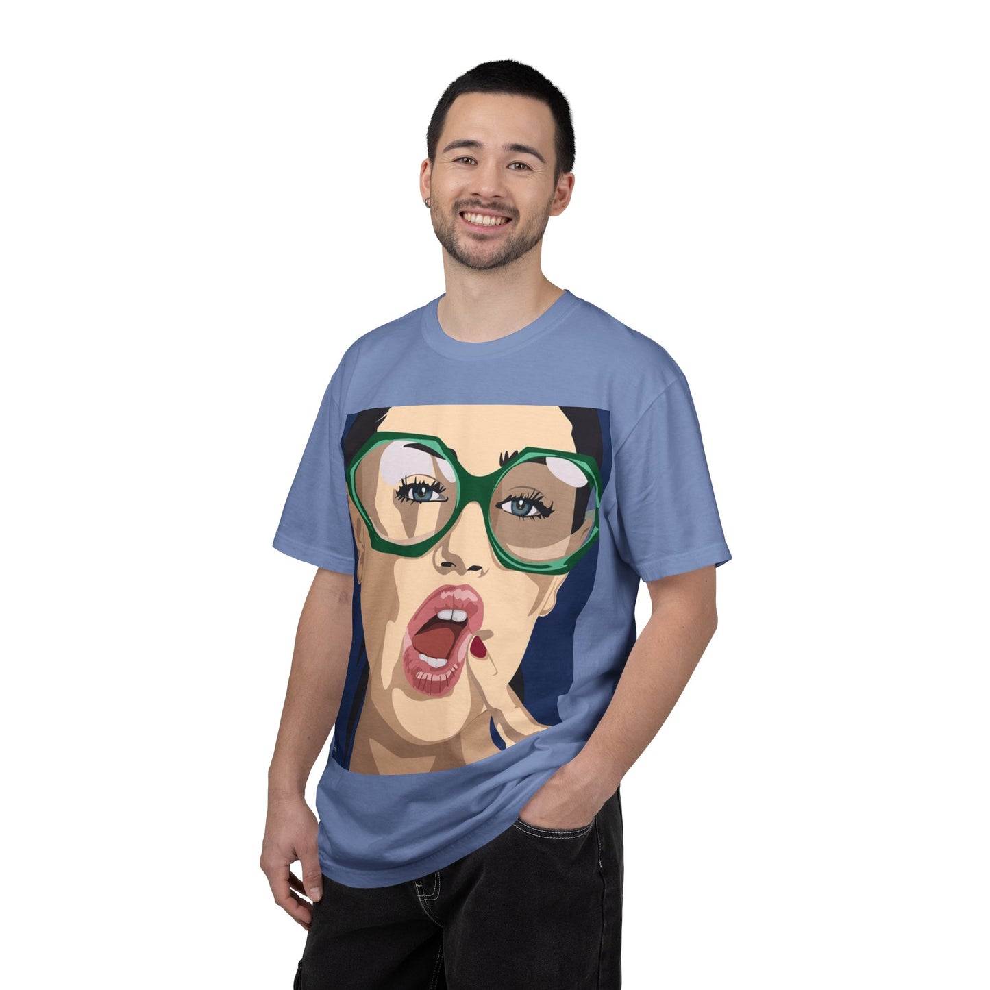 Pop Art Woman Graphic T‑Shirt — Retro Chic Green Glasses Design