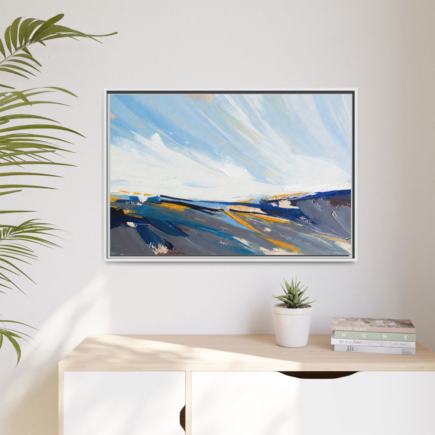 Framed Abstract Seascape Canvas Print — Matte Multi‑Color Wall Art