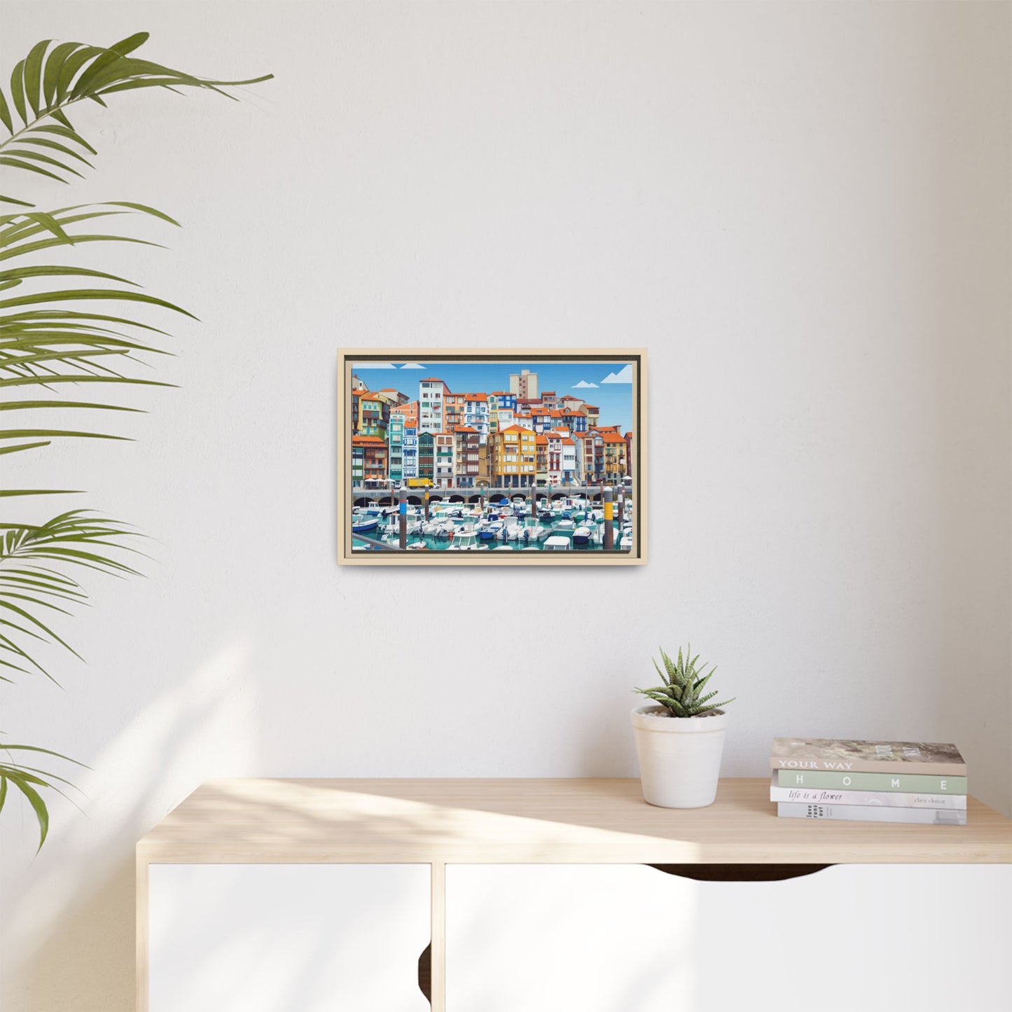 Framed Matte Canvas Print — Colorful Mediterranean Harbor Illustration