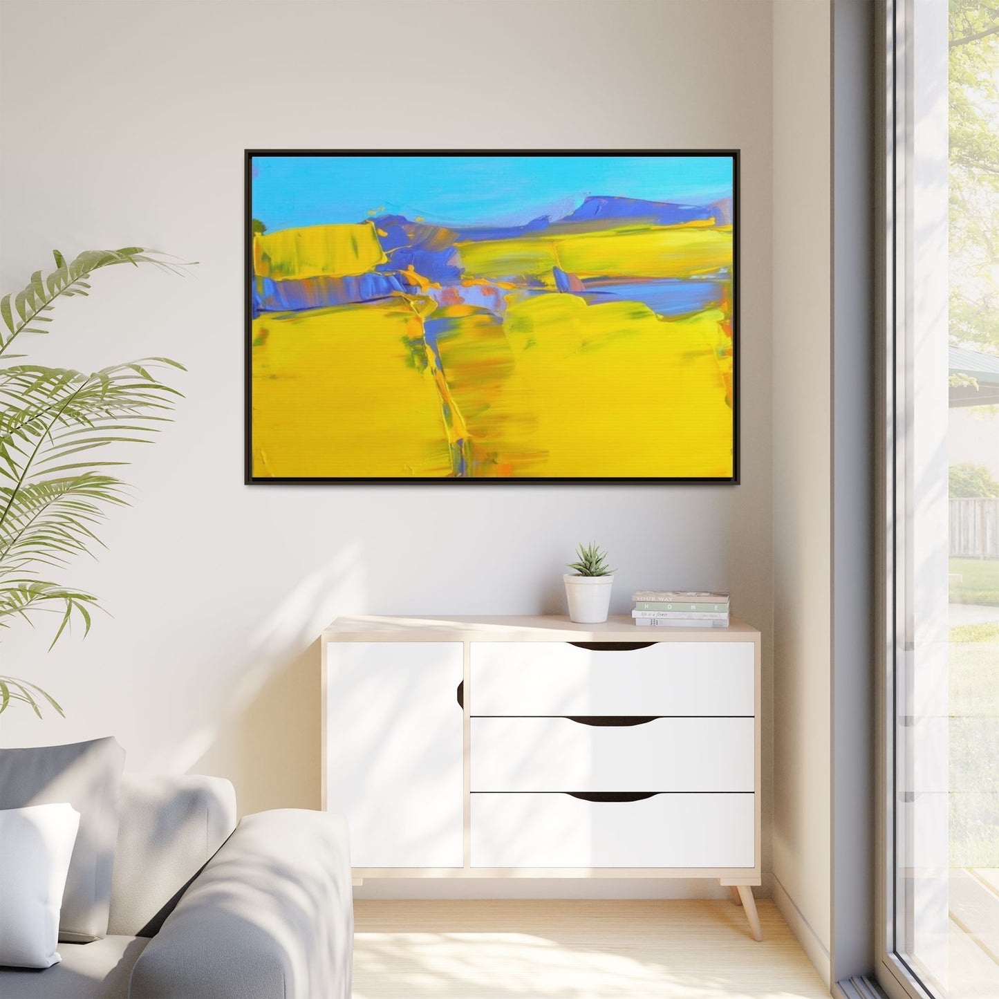 Framed Matte Canvas  Vibrant Yellow Blue Abstract Landscape Art