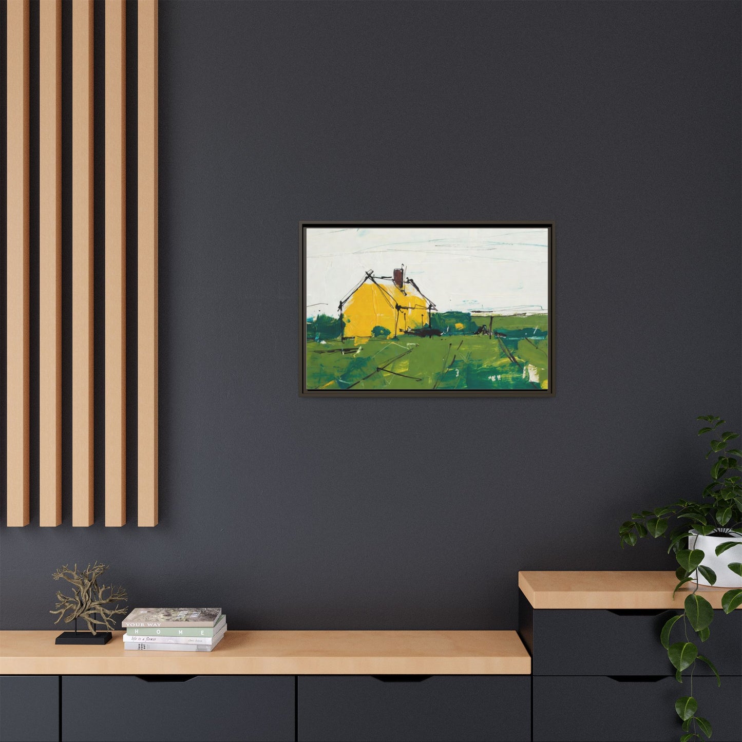 Yellow Cottage Landscape Framed Canvas Print