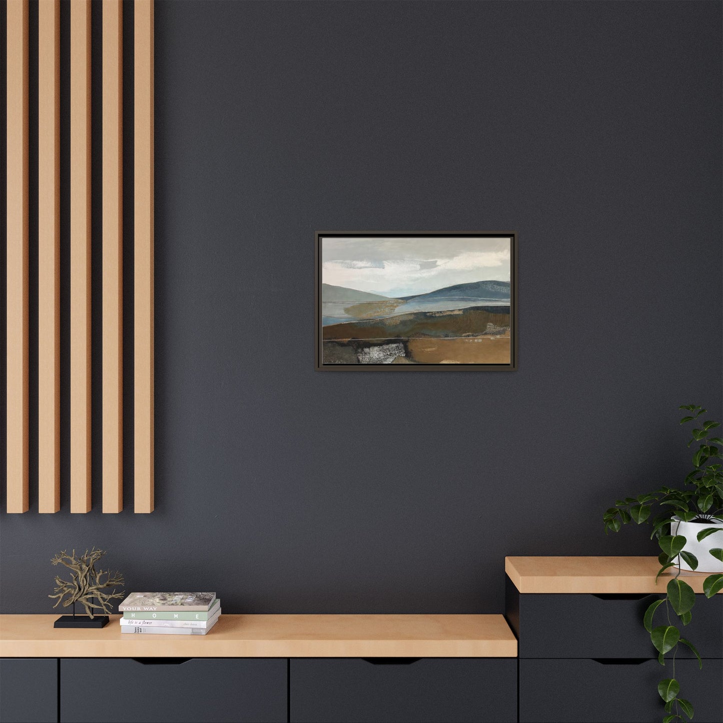 Framed Matte Canvas Landscape Art - Serene Abstract Hills in Blue & Earth Tones