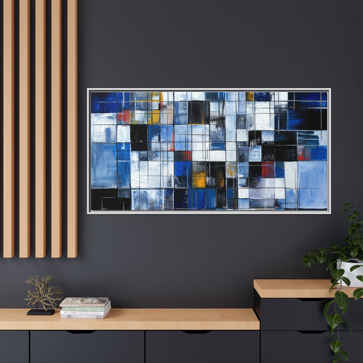 Abstract Blue Grid Matte Canvas Framed Art Print