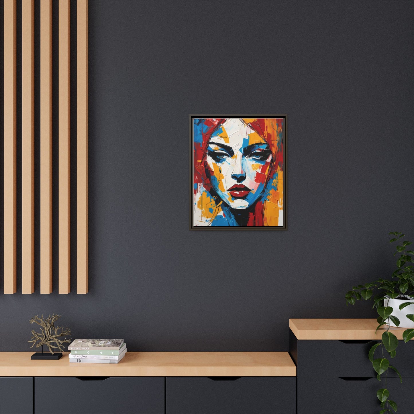 Framed Abstract Portrait Canvas — Colorful Female Face Wall Art