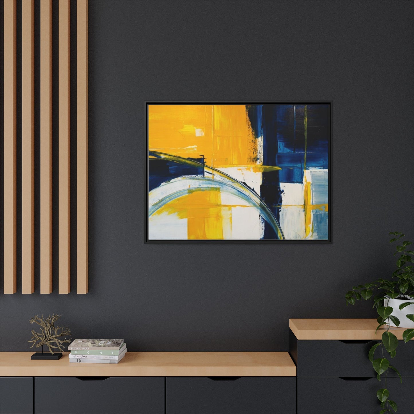 Abstract Yellow & Blue Framed Canvas Wall Art — Modern Matte Canvas Print