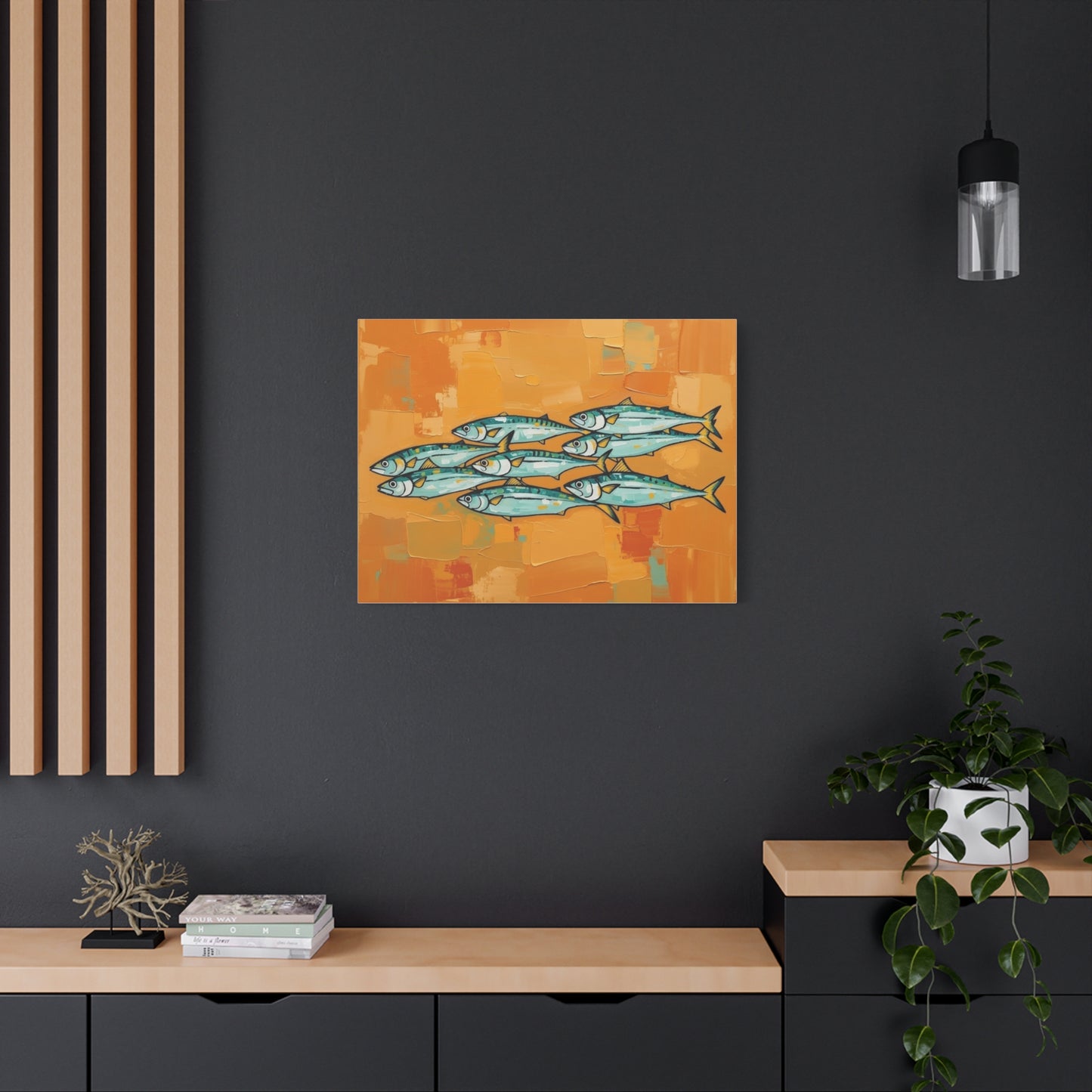 School of Mackerel Canvas Wall Art — Nautical Fish Painting on Orange Background