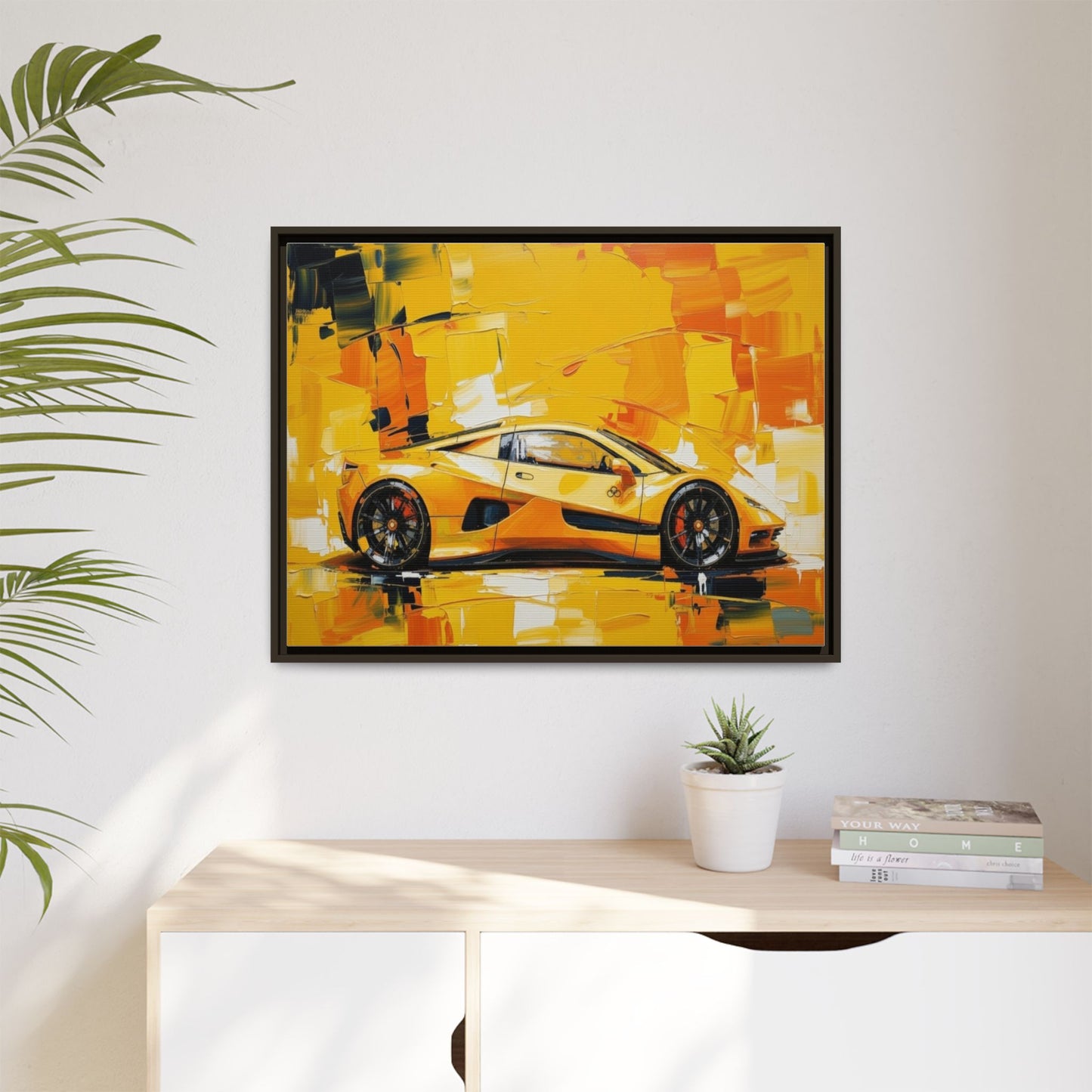 Yellow Sports Car Abstract Matte Canvas Framed Print
