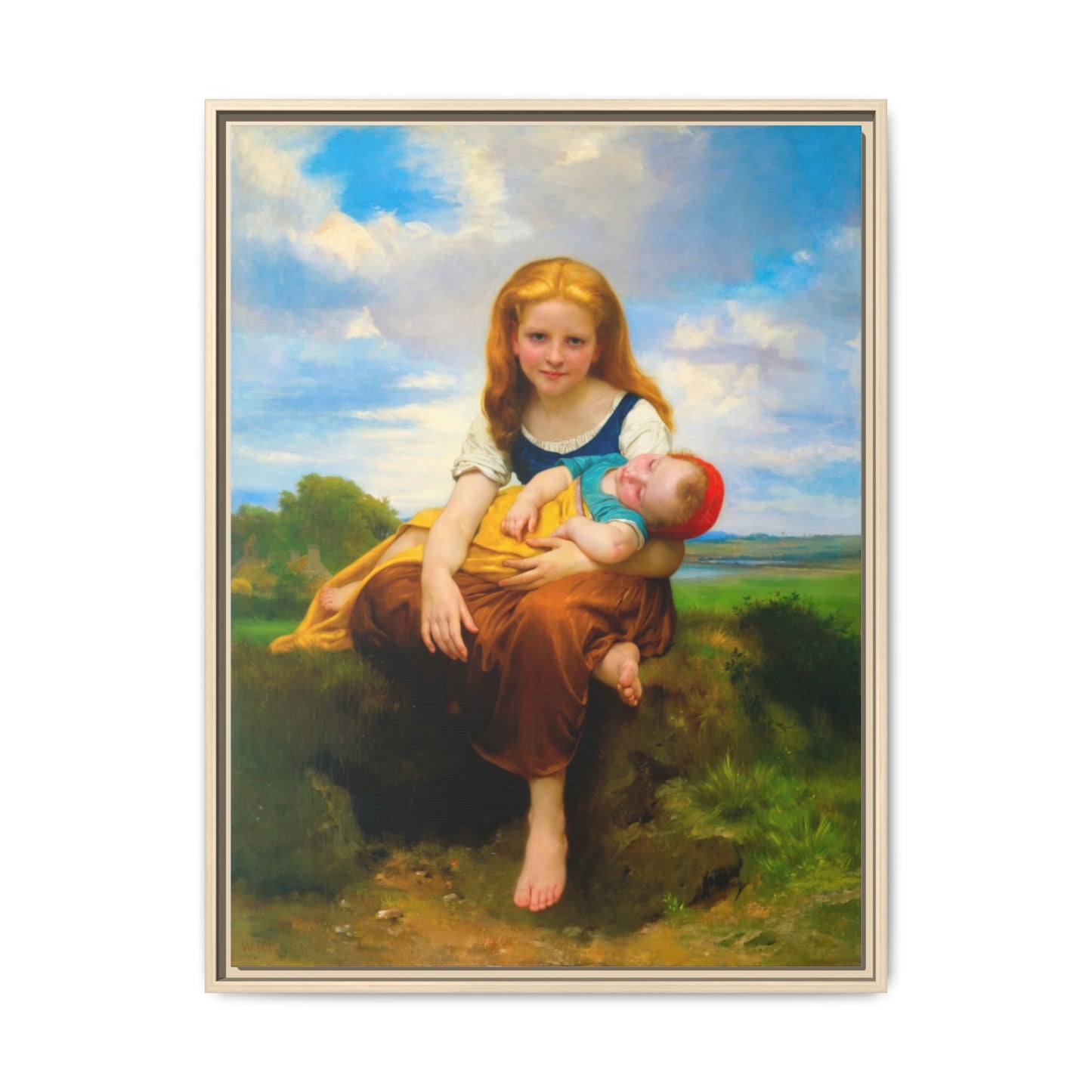 Young Girl Holding Sleeping Baby Canvas Print, Framed Wall Art