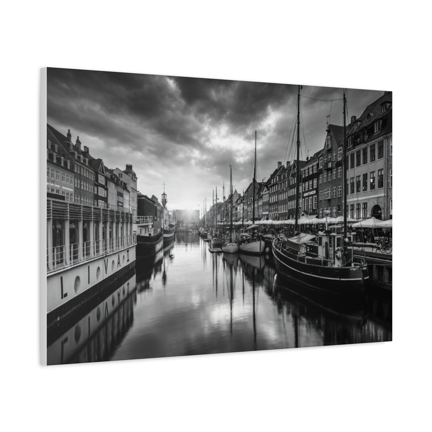 Black & White Harbor Canvas Print — Dramatic Copenhagen Cityscape Wall Art