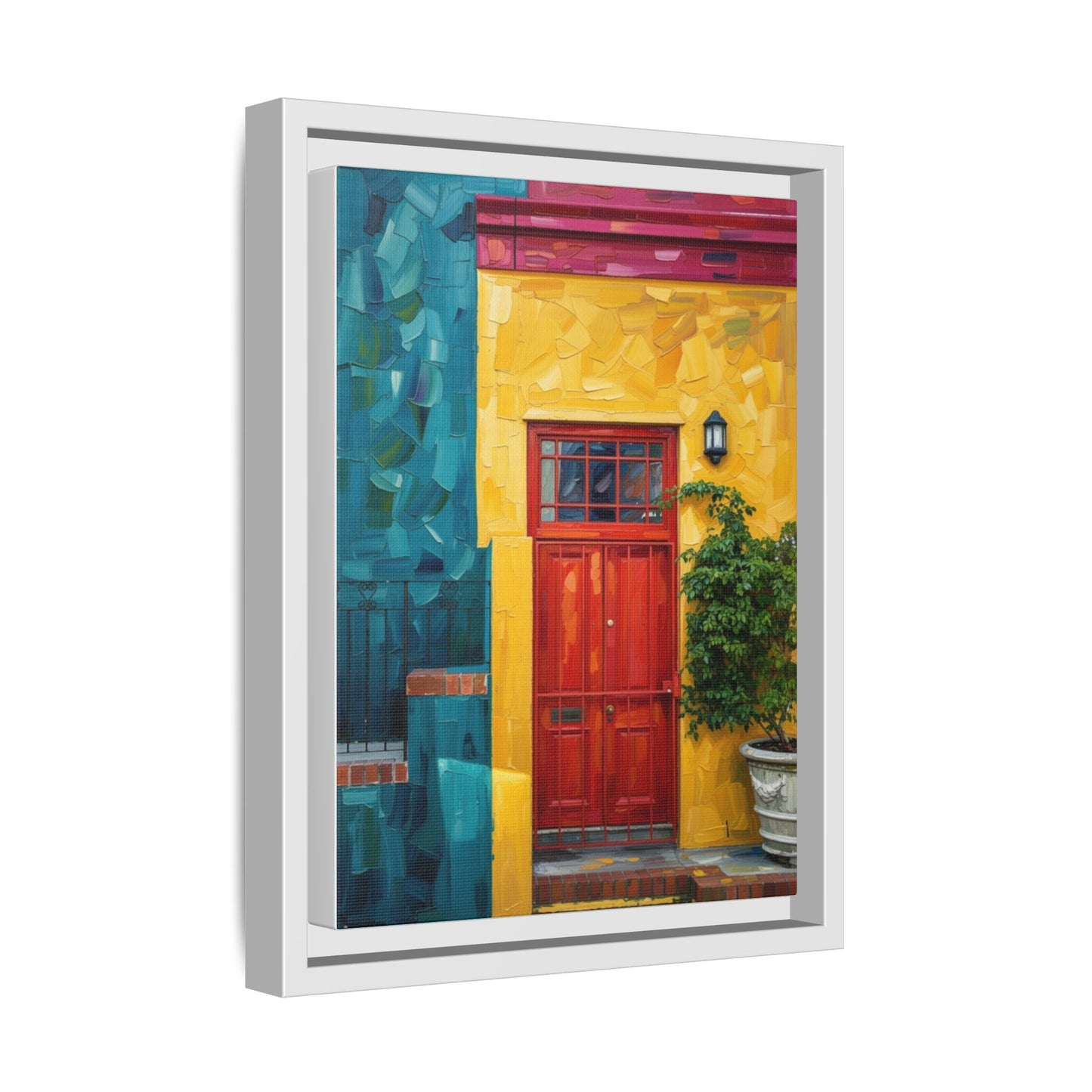 Framed Matte Canvas Wall Art — Colorful Red Door on Yellow Facade