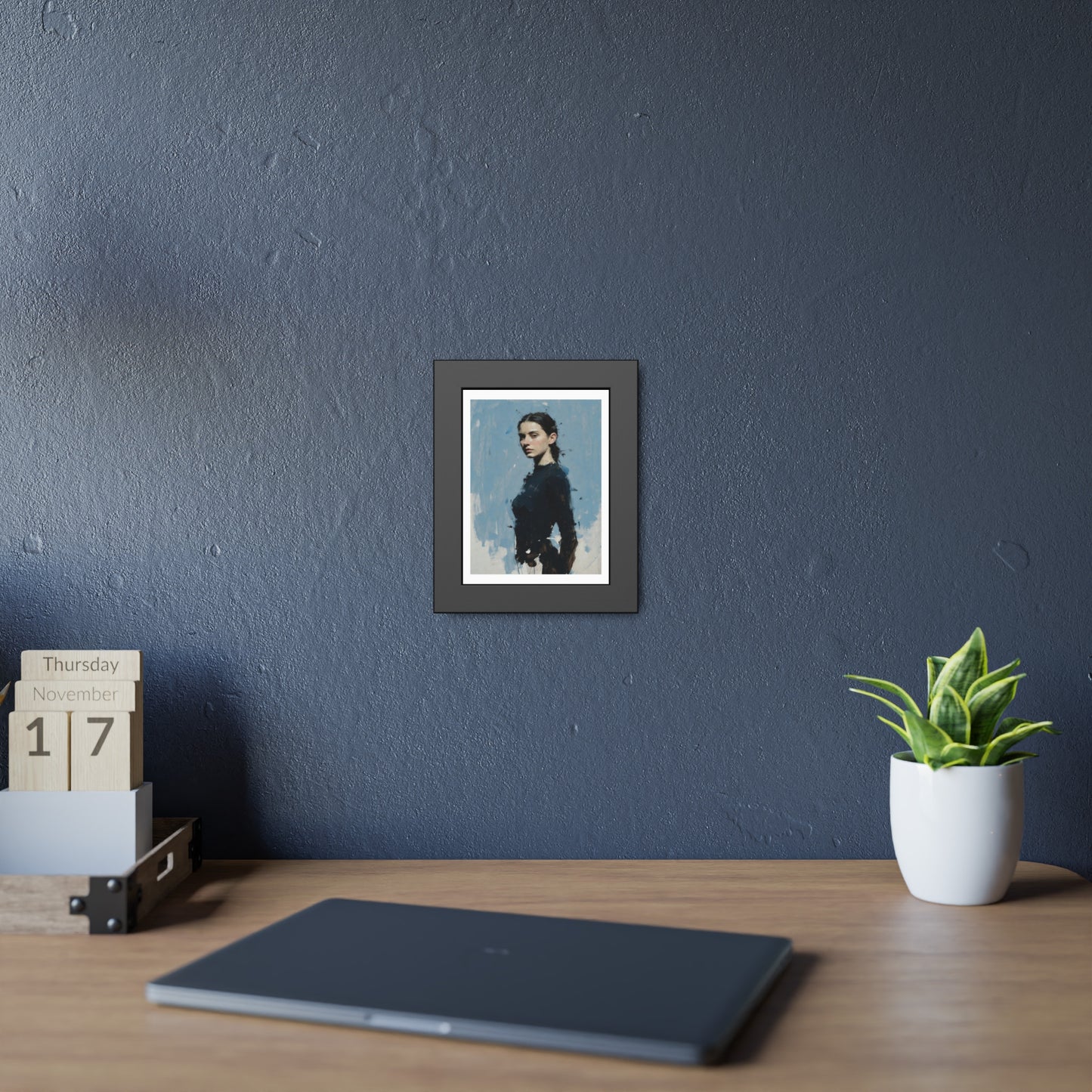 Framed Art Print — Moody Portrait with Blue Painterly Background