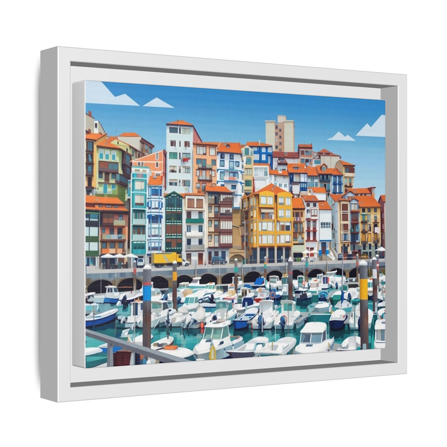 Framed Matte Canvas Print — Colorful Mediterranean Harbor Illustration