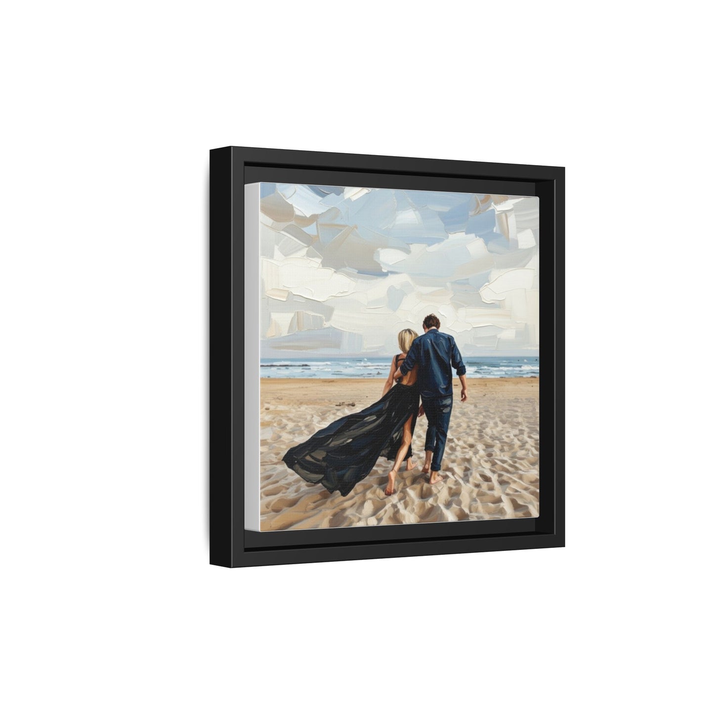 Framed Canvas Wall Art — Romantic Couple Walking on Beach Print