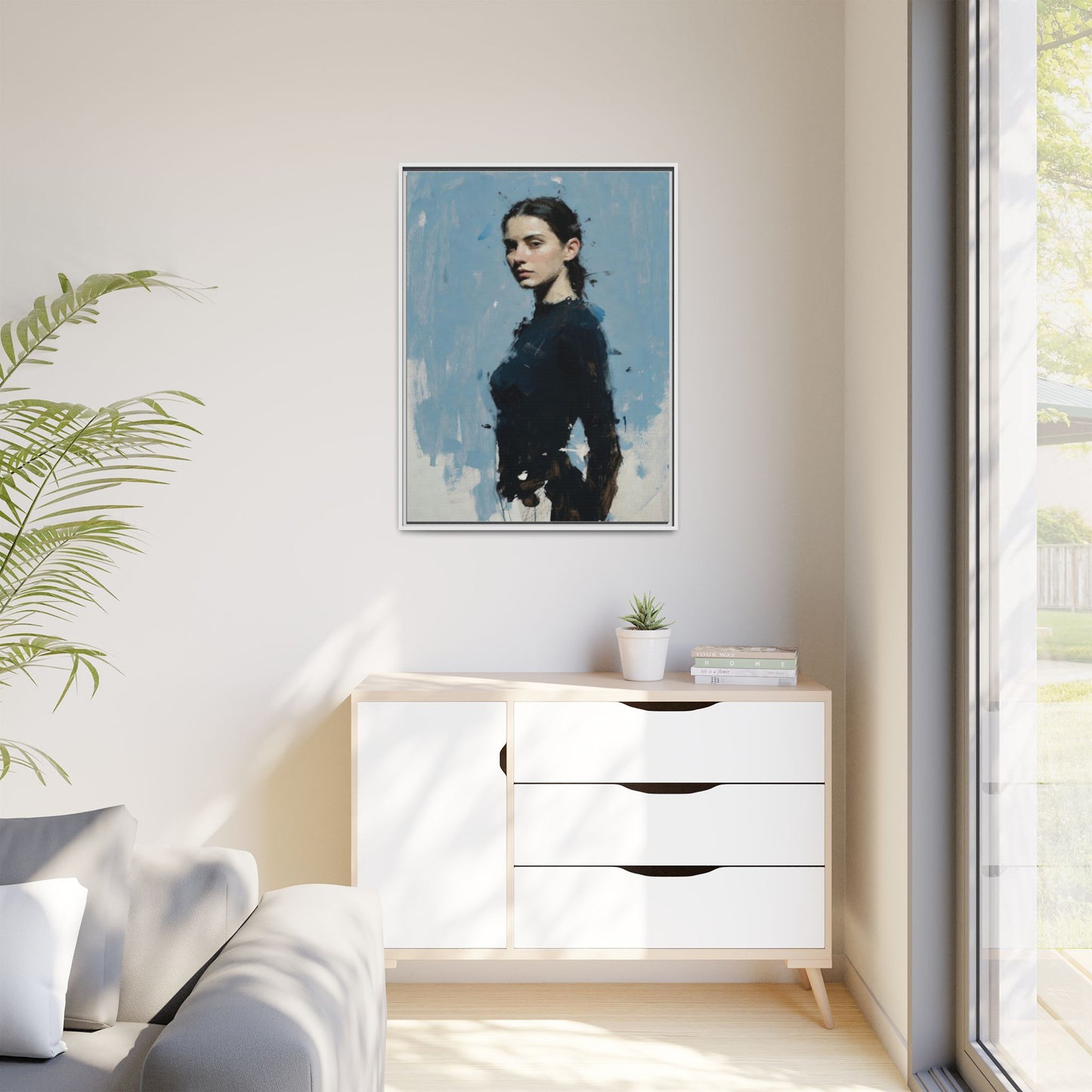 Framed Matte Canvas Portrait Print — Elegant Blue Woman Art