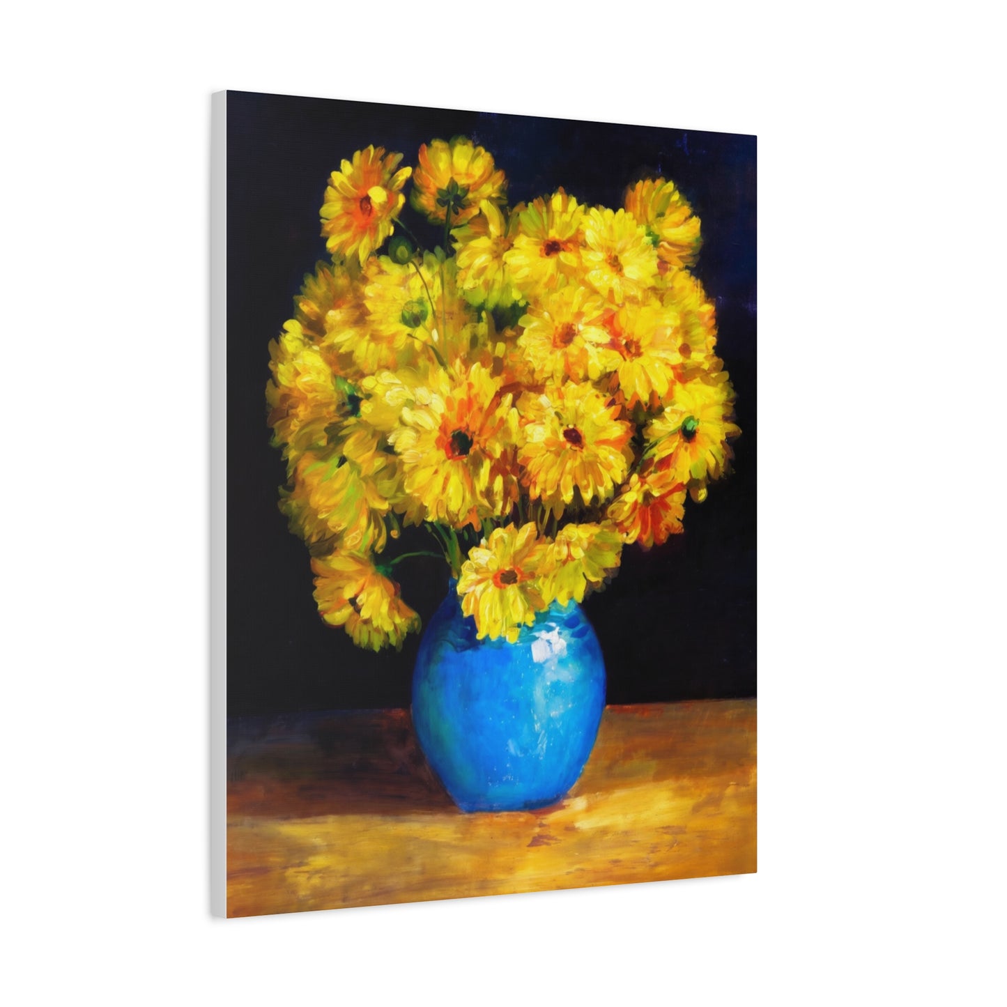 Yellow Chrysanthemum Canvas Wall Art — Blue Vase Floral Painting (Stretched Matte)