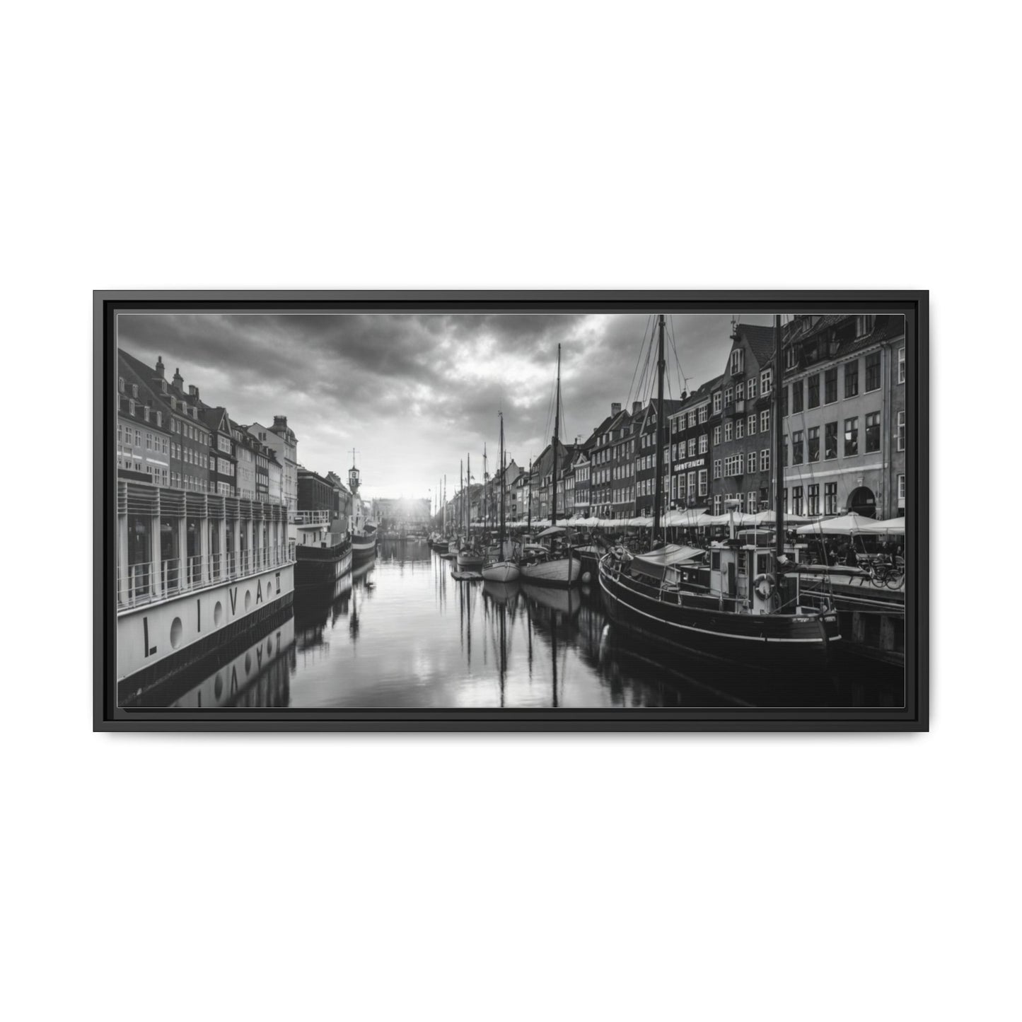 Framed Matte Canvas: Black & White Dutch Canal Photography Wall Art