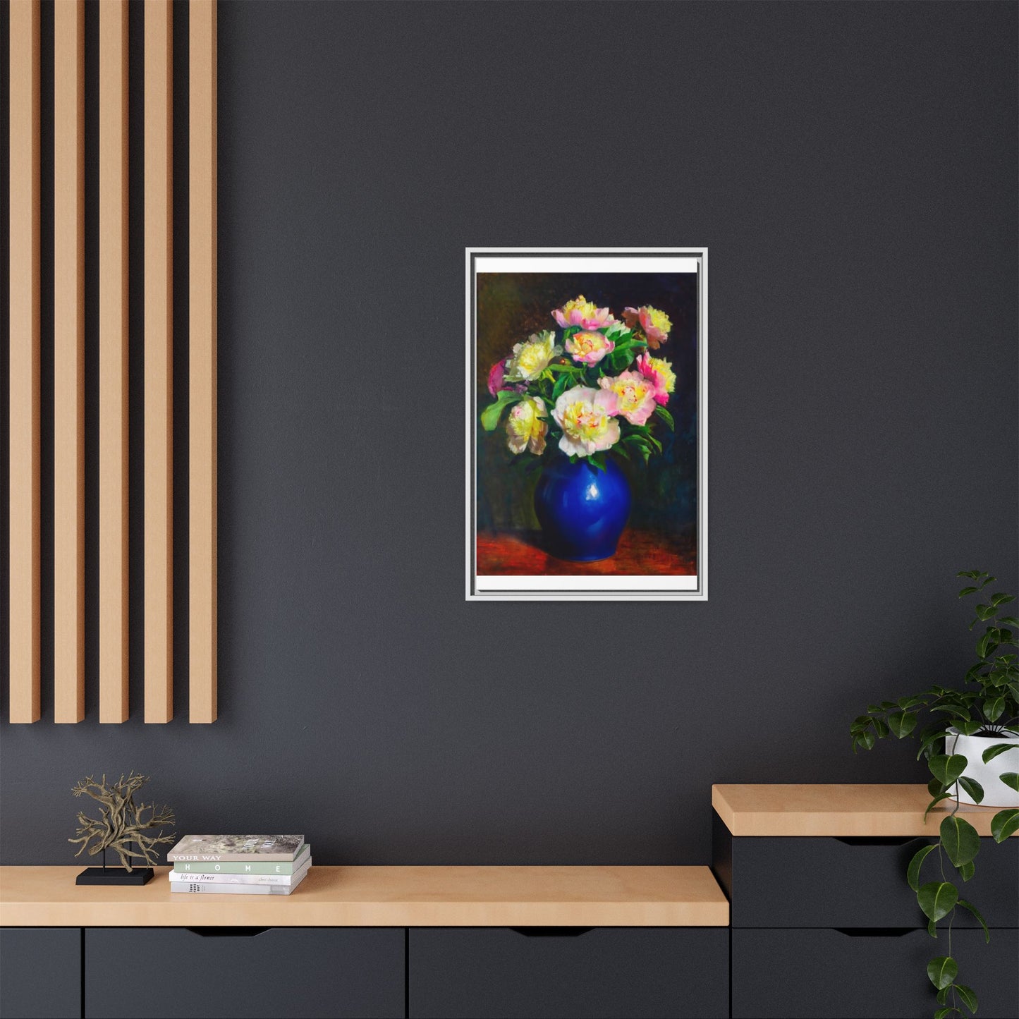 Framed Matte Canvas Wall Art — Vintage Floral Bouquet in Blue Vase