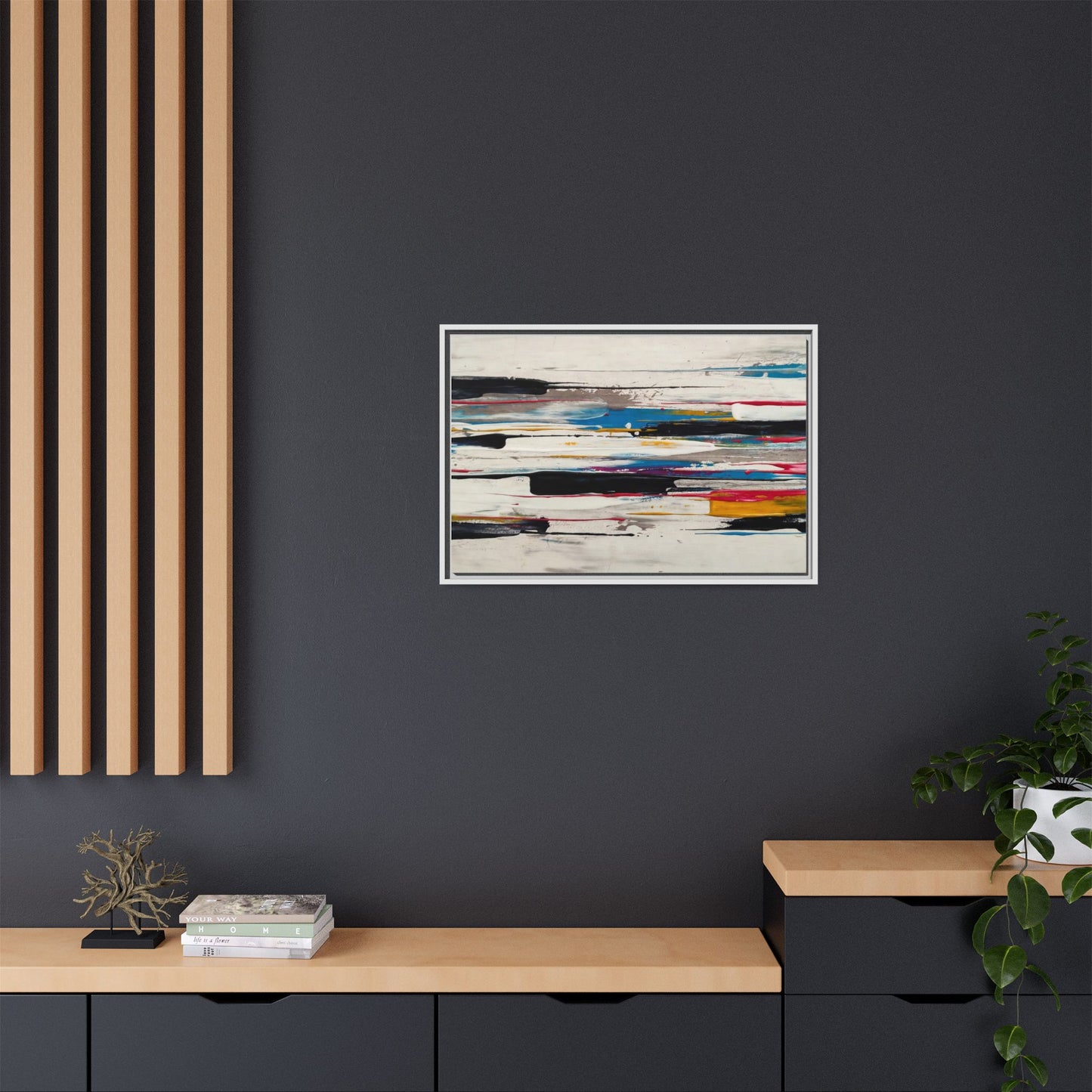 Abstract Multi-Color Framed Canvas Wall Art — Modern Horizontal Brushstroke Print