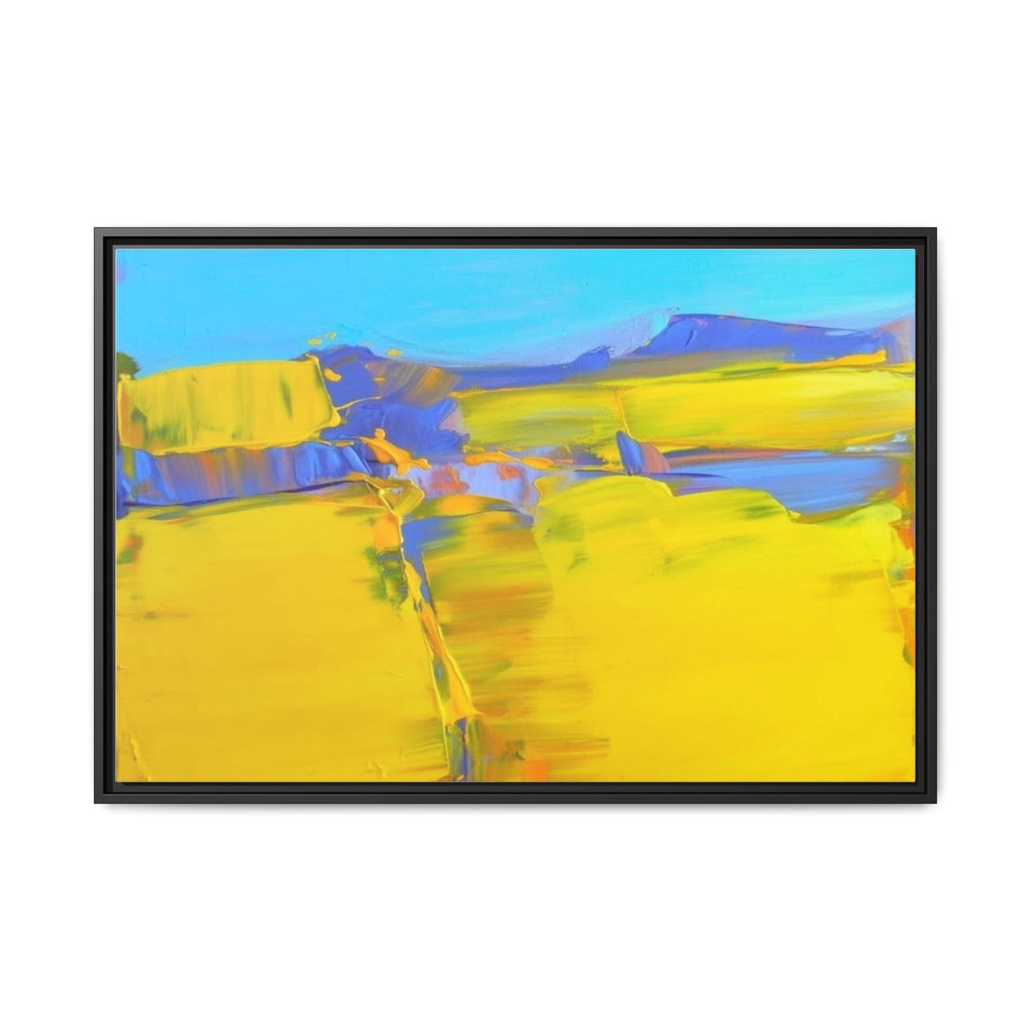 Framed Matte Canvas  Vibrant Yellow Blue Abstract Landscape Art