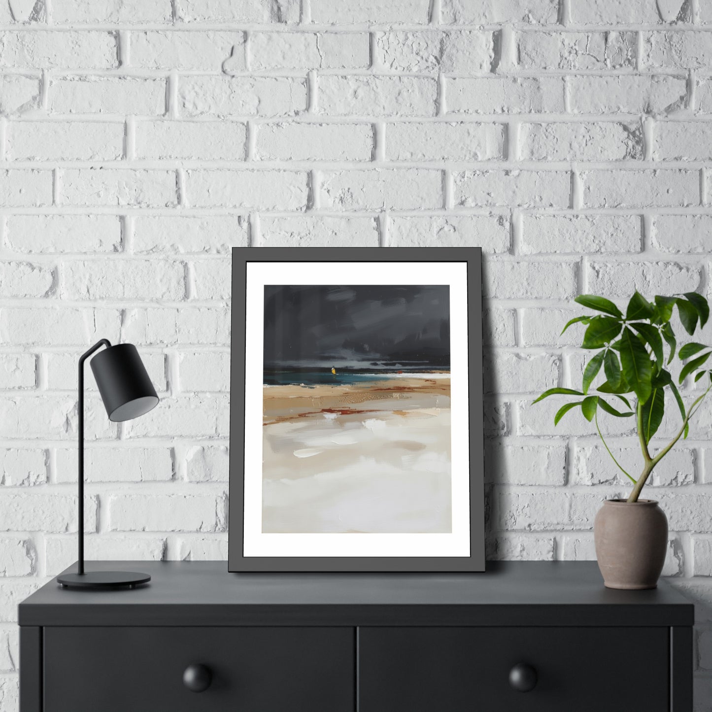 Framed Coastal Beach Print — Moody Seascape Poster in Black Frame