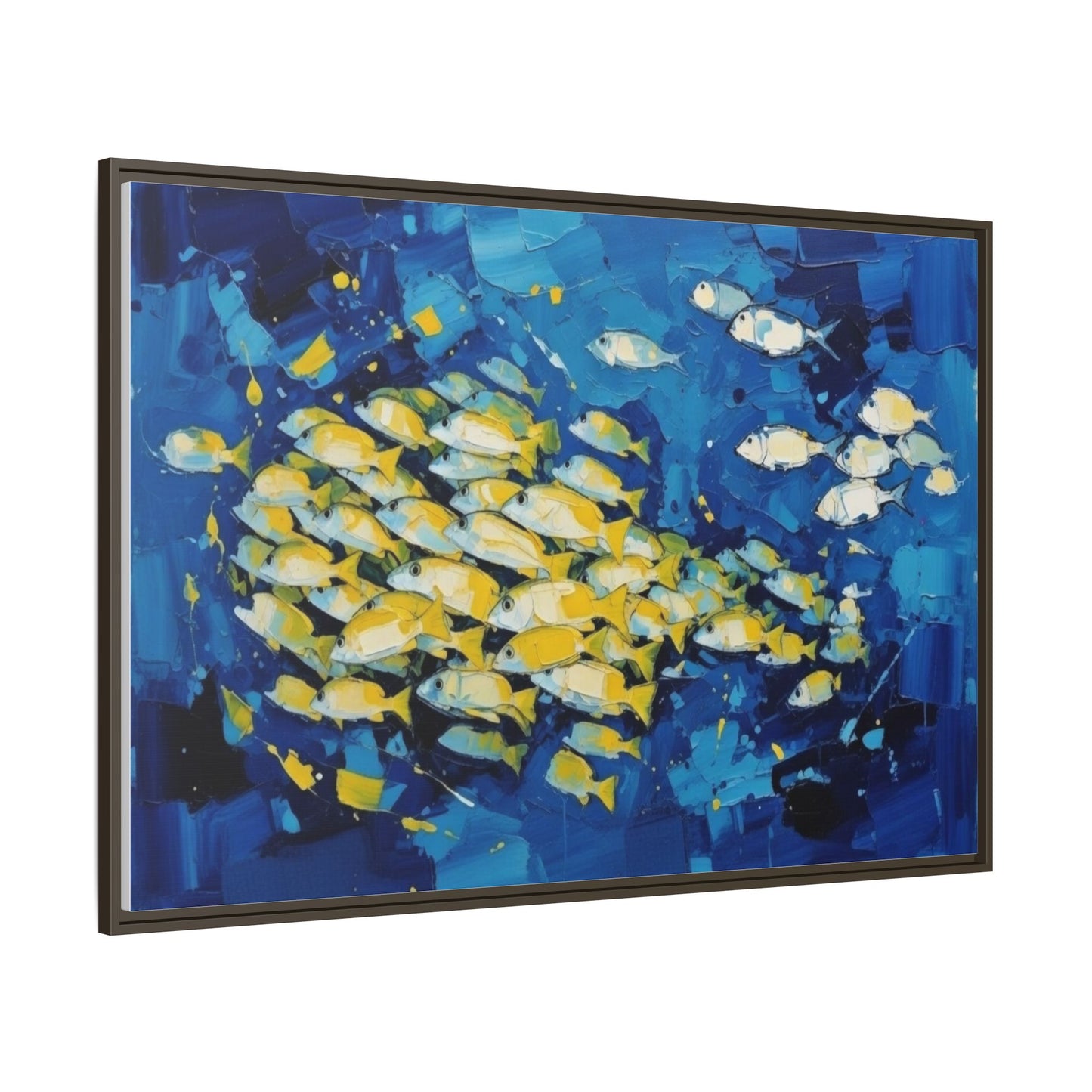 Framed Matte Canvas: Blue School of Fish Wall Art