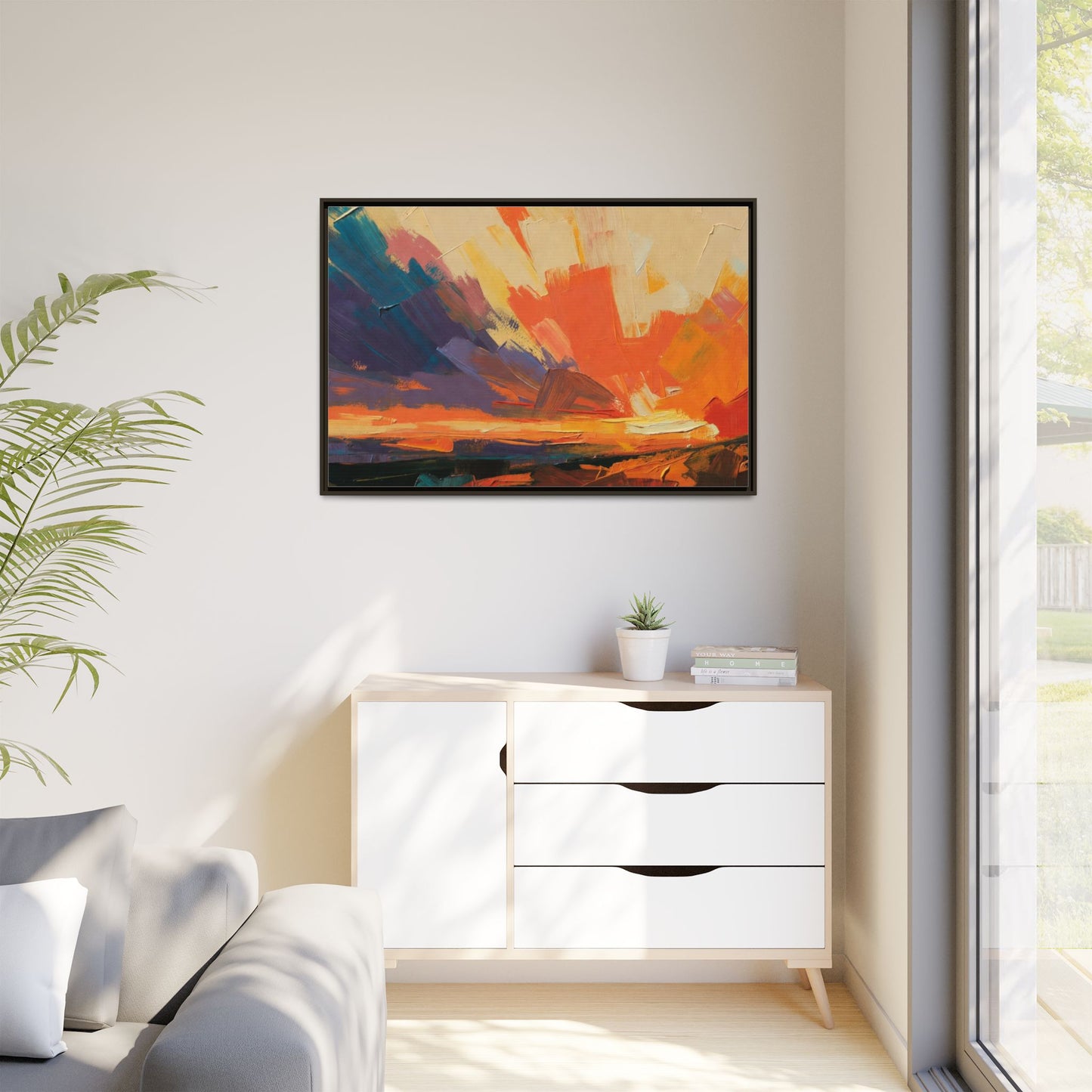 Framed Abstract Sunset Canvas Art – Multicolor Matte Wall Decor