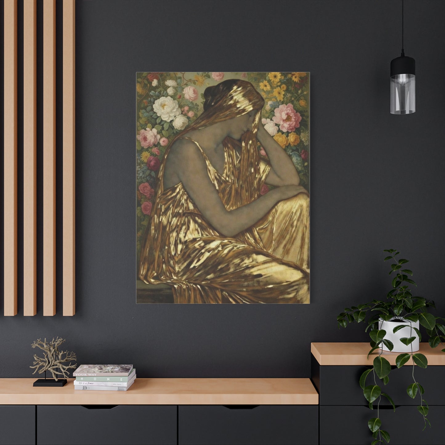 Golden Muse Canvas Print — Woman in Gold Floral Art (Stretched Matte)