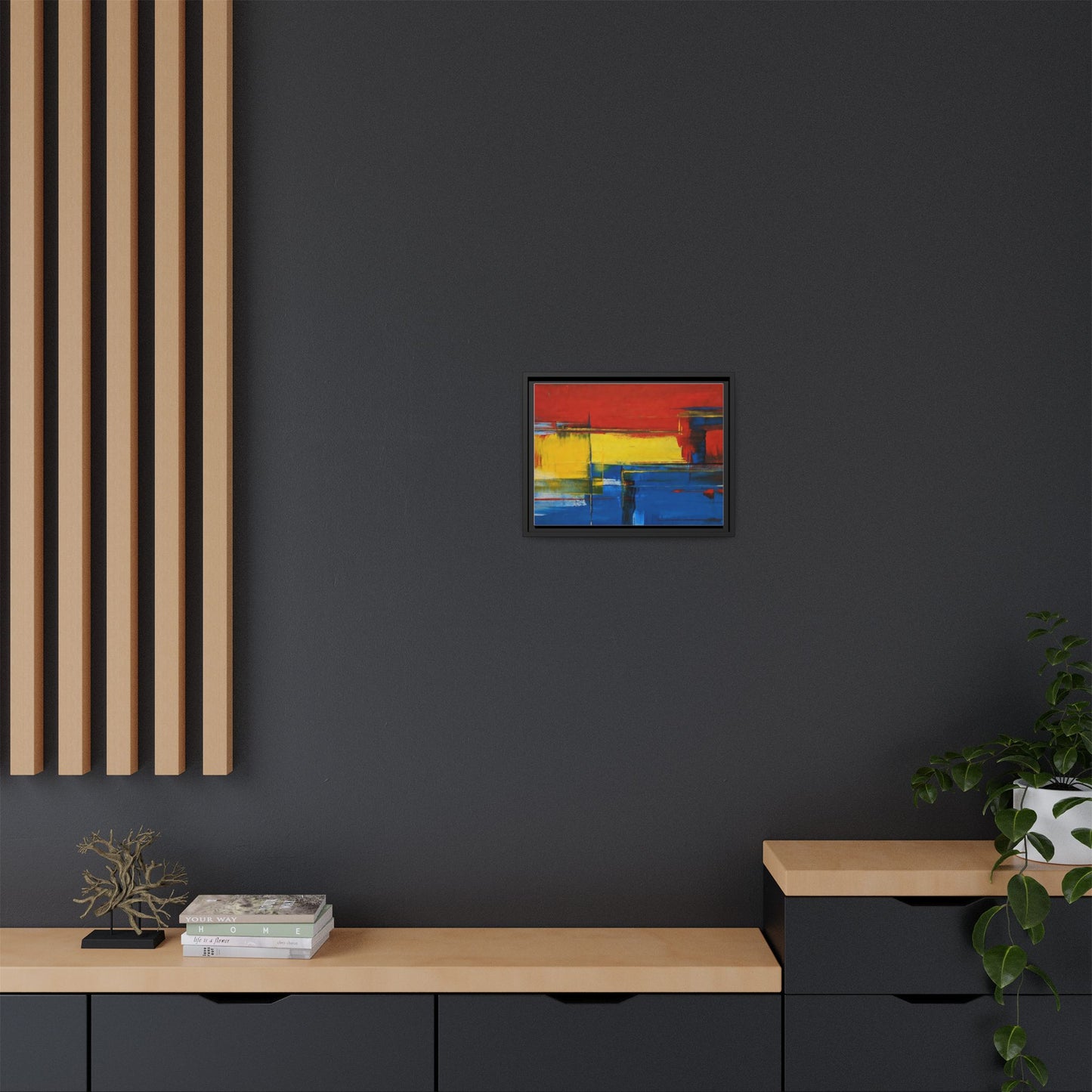 Abstract Color Block Matte Canvas Framed Wall Art — Modern Red Yellow Blue Painting