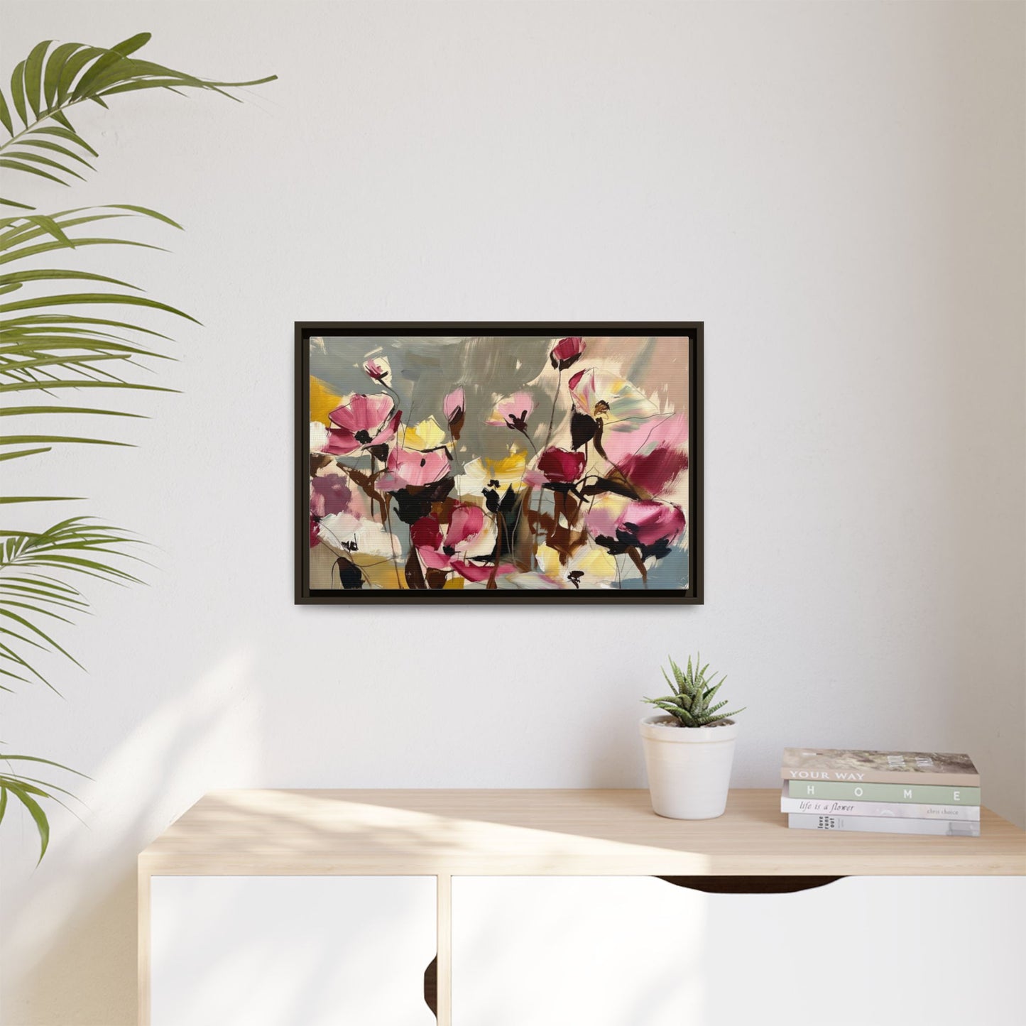 Framed Floral Canvas Wall Art — Abstract Pink & Yellow Flowers