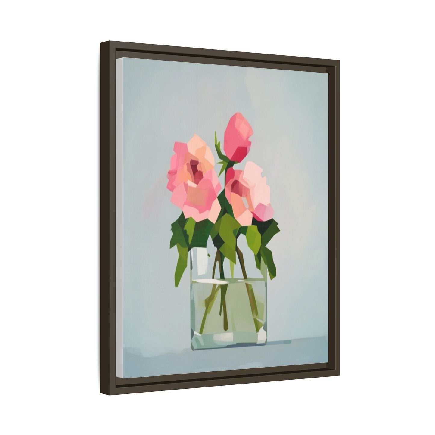 Framed Floral Canvas Print — Pink Roses in Glass Vase (Matte)