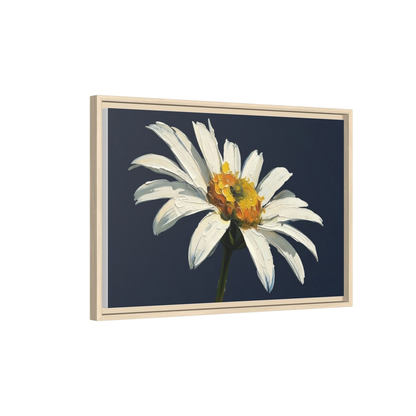 Framed Matte Canvas Daisy Wall Art — White Floral Painting on Navy