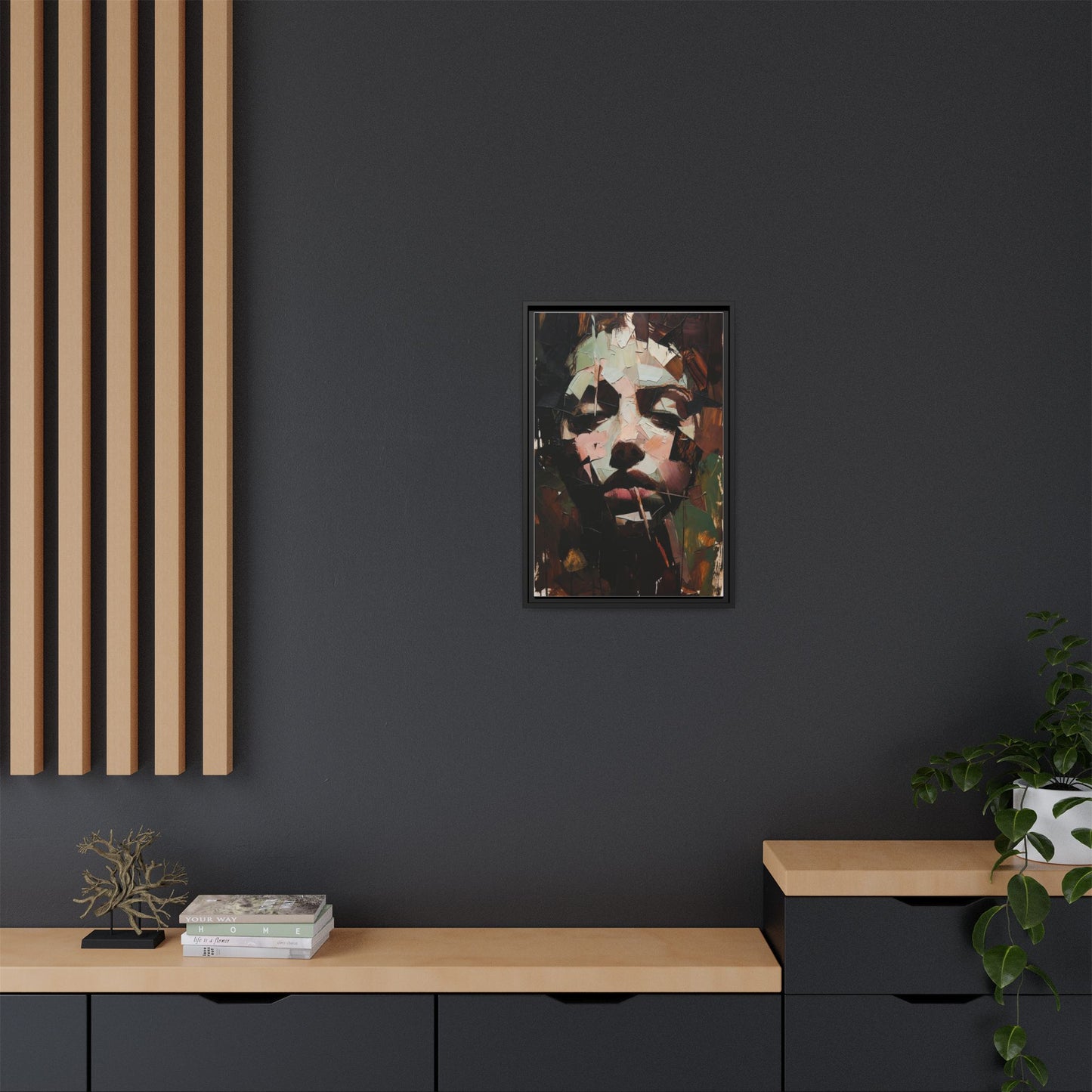 Matte Framed Canvas Art — Abstract Female Portrait, Moody Multicolor