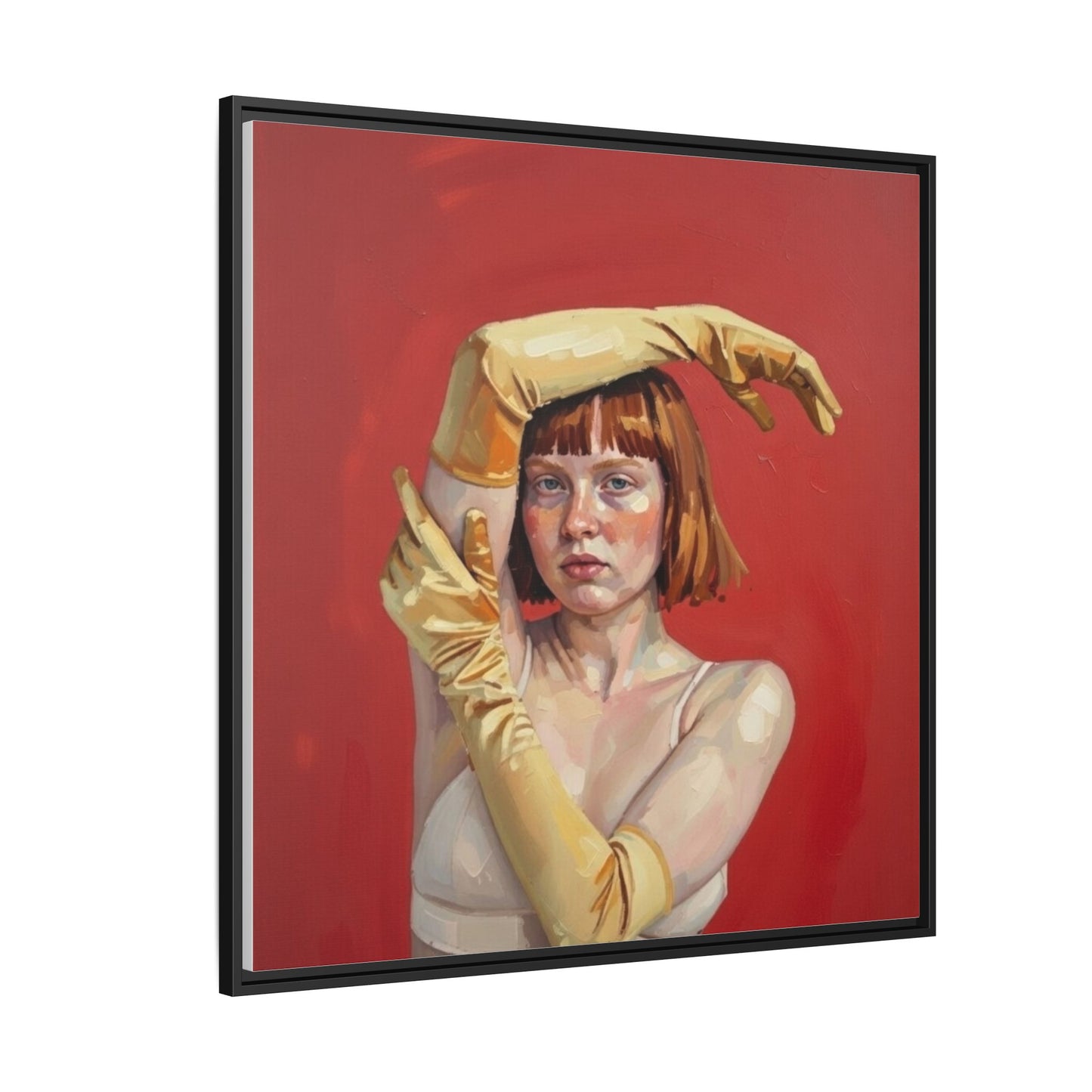 Framed Matte Canvas Art - Portrait of Woman in Yellow Gloves (Red Background)