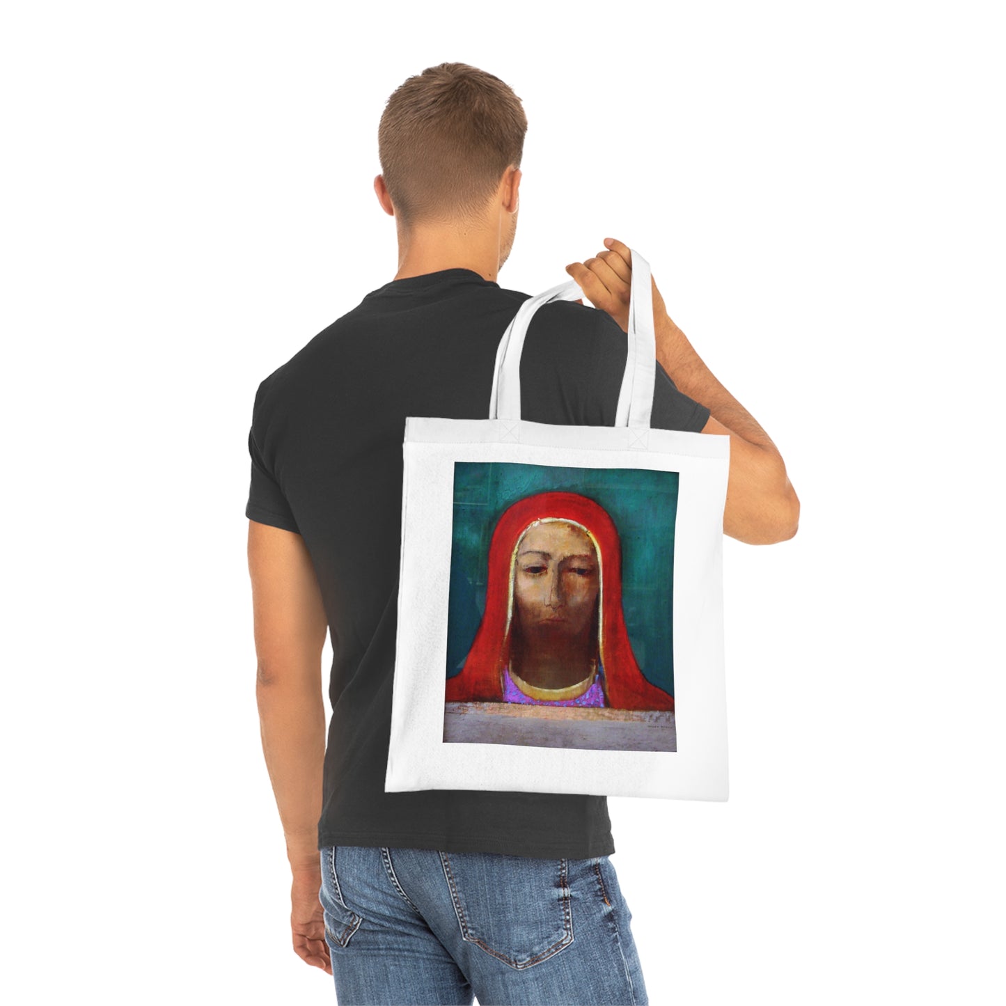 Art Portrait Tote Bag — Serene Red-Hooded Figure Canvas Cotton Tote