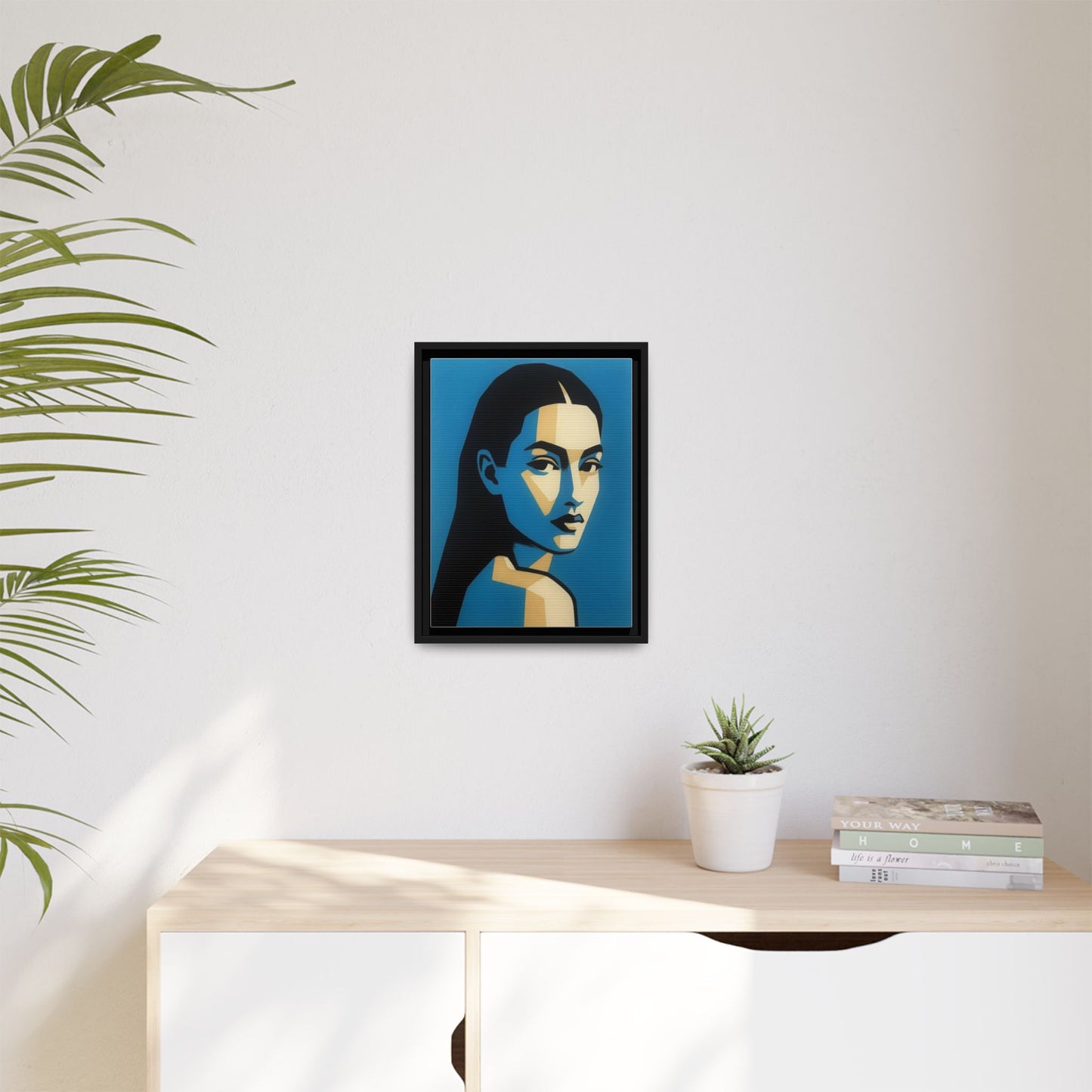 Framed Pop Art Portrait Canvas — Blue Geometric Woman Print