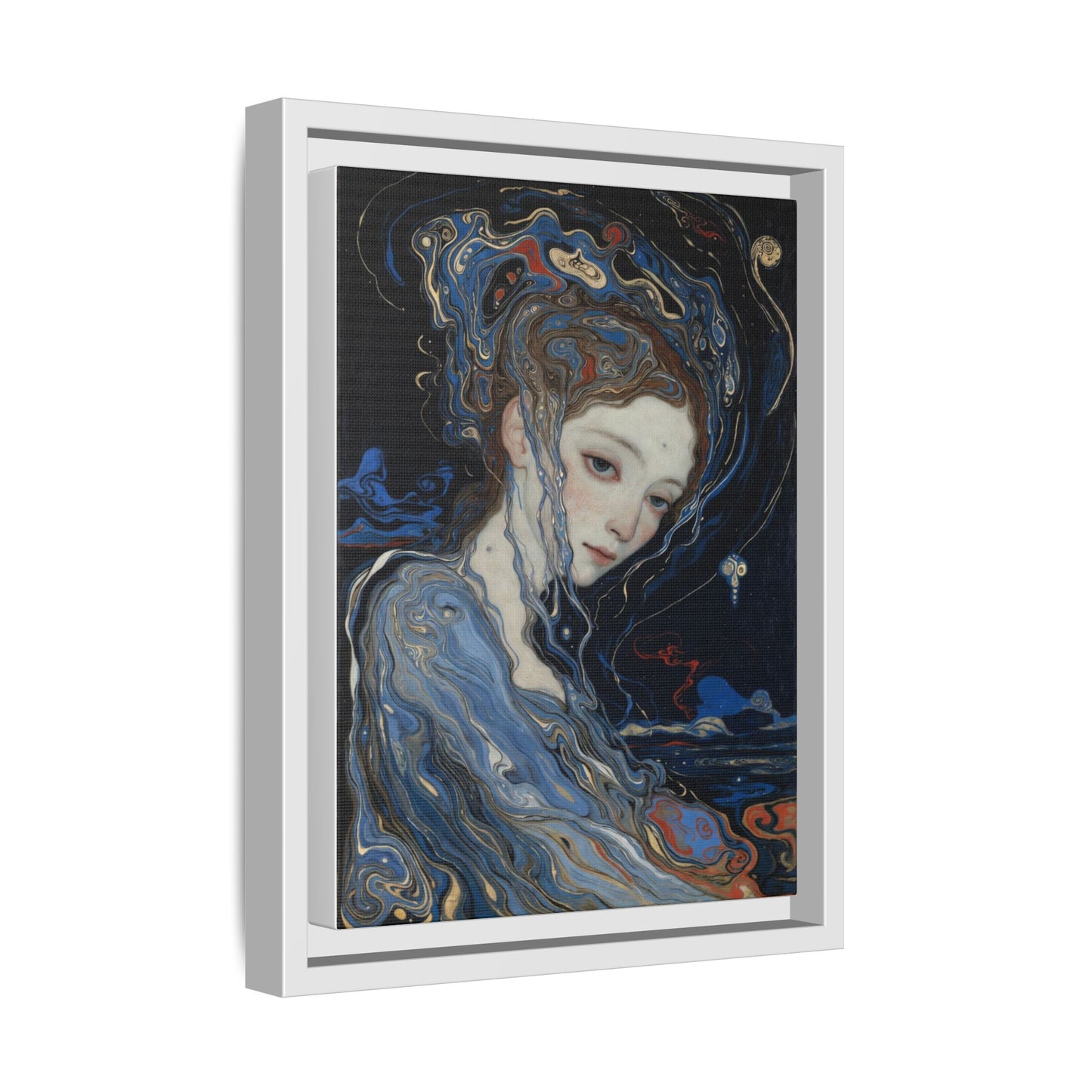 Framed Matte Canvas Art Print — Surreal Blue Maiden Portrait