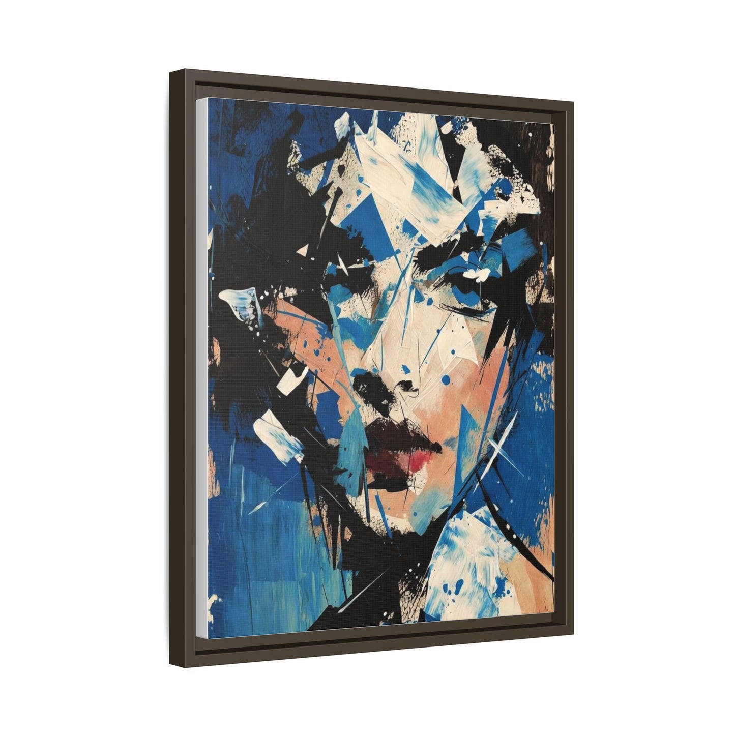 Abstract Portrait Matte Canvas Framed Wall Art — Blue Mixed-Media Face Print