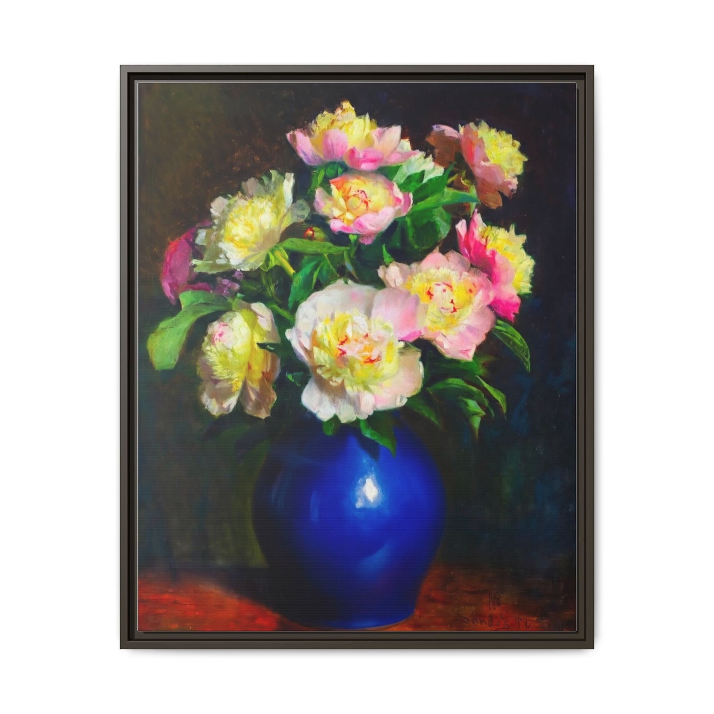 Framed Matte Canvas Wall Art — Vintage Floral Bouquet in Blue Vase