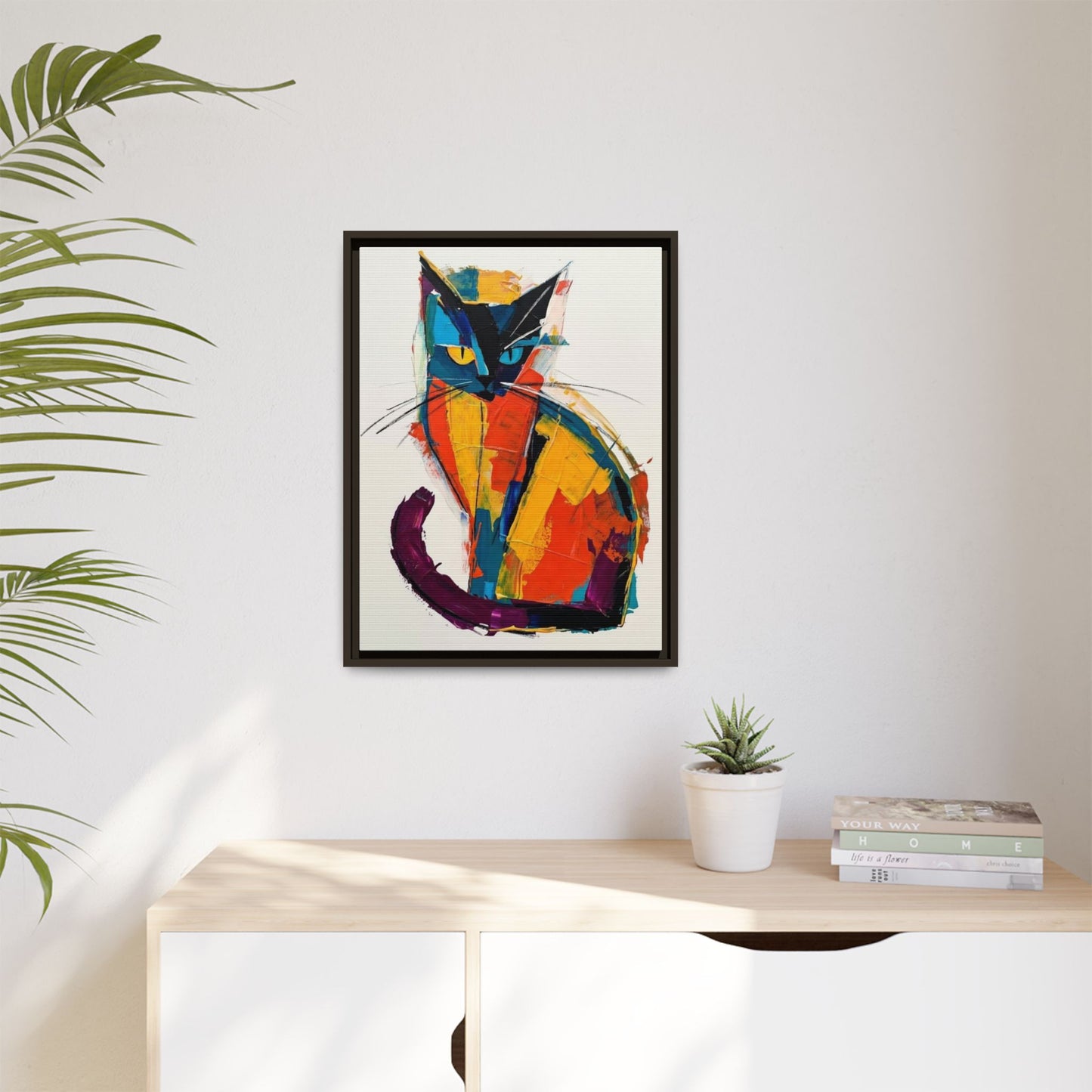 Colorful Abstract Cat Framed Canvas — Modern Matte Wall Art